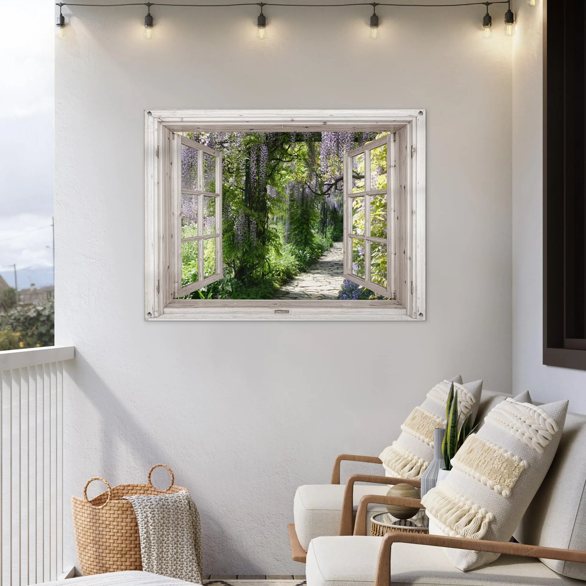 MuchoWow© Decoracion Pared Exterior 120x90 cm Posters Decorativos Jardin Terraza Balcon Wall Decoration Decoración Patio Póster De Jardín Glicinia - Flores - Vista - Árbol - Primavera