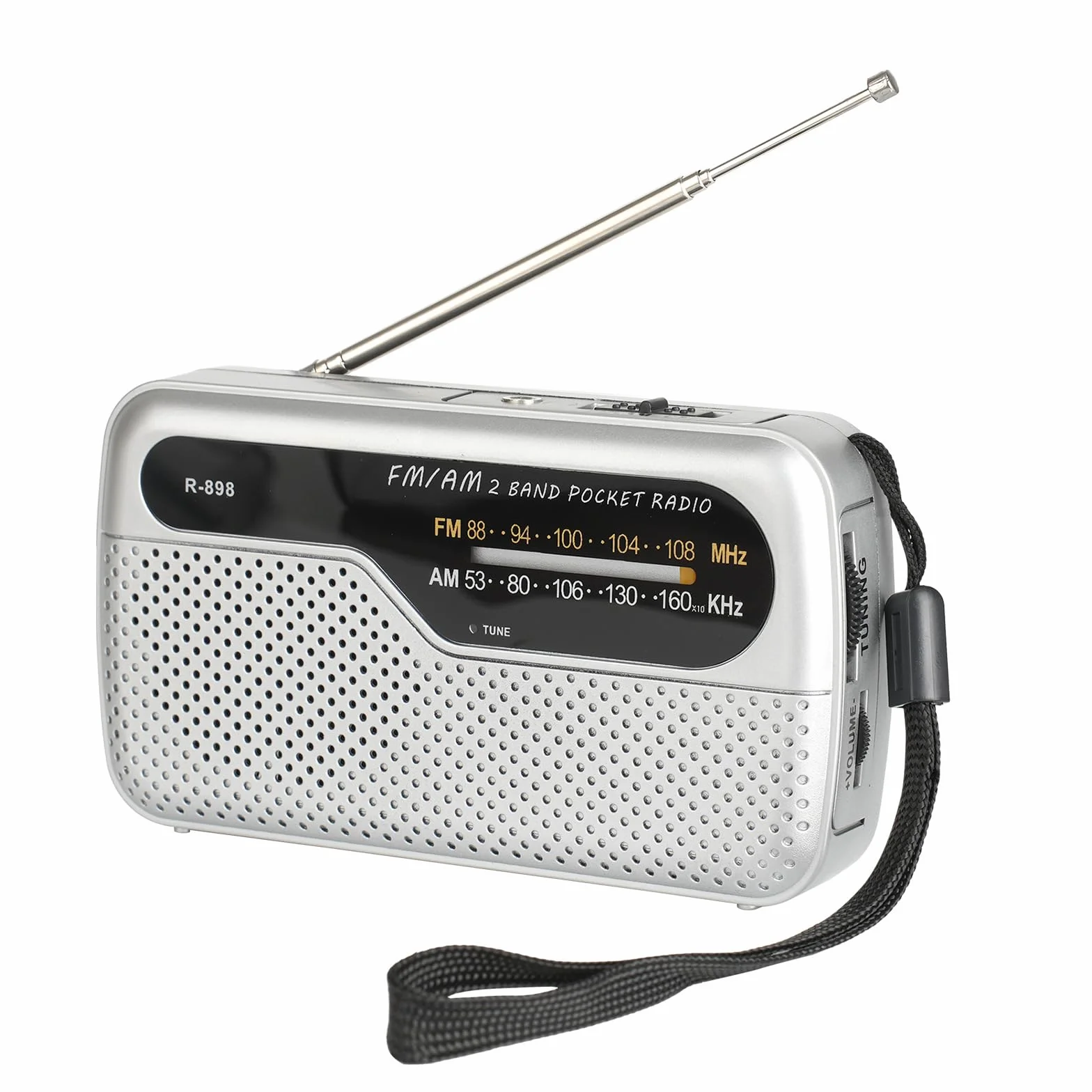 Radio portatile FM transistor con altoparlante potente, funziona con 2 batterie AA, argento