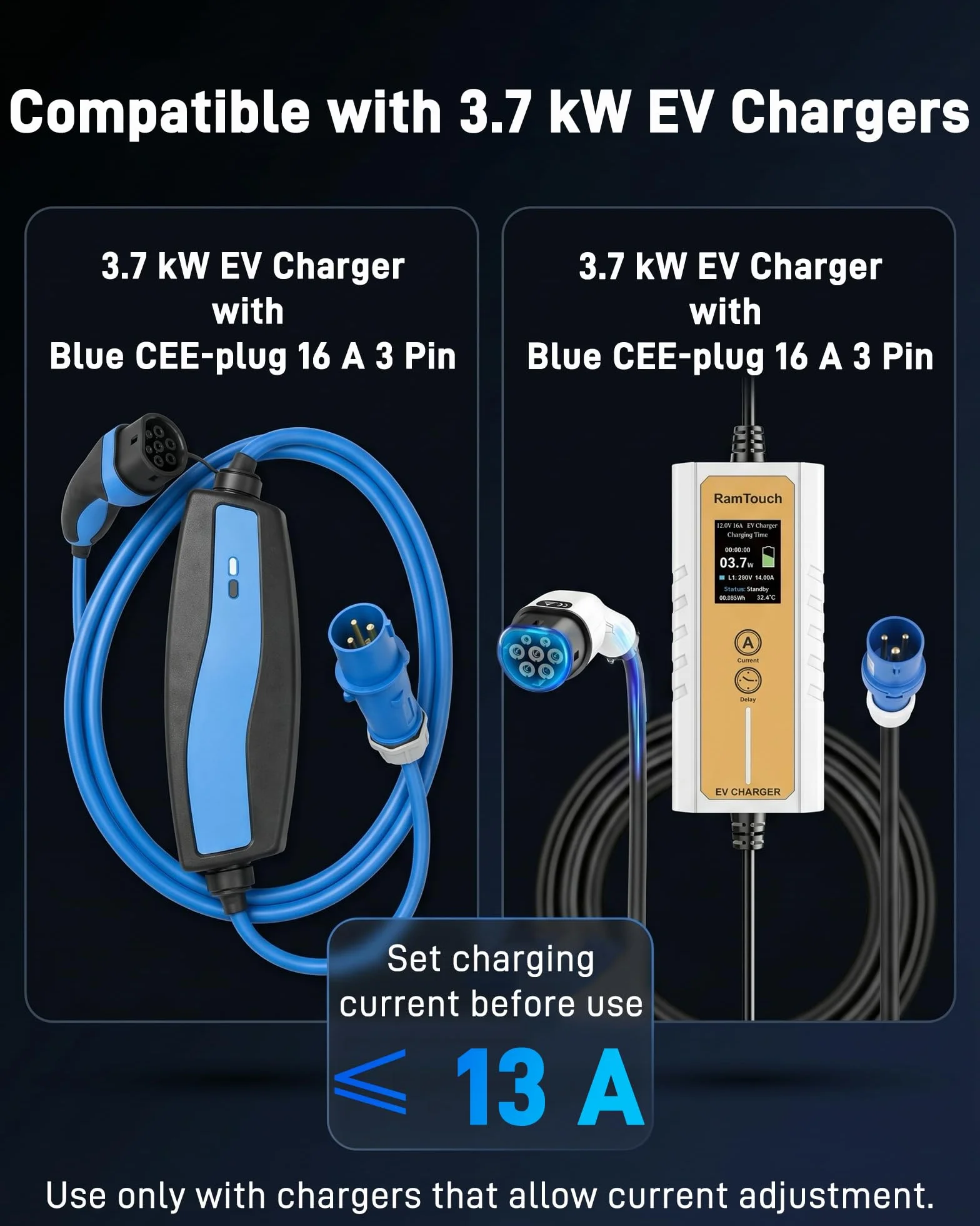 Adattatore CEE Spina Schuko a Presa CEE Blu 16A 3 Poli (50 cm, IP44, Max 16A, 3G2,5 mm²) - per Caricatori per Auto Elettriche, Wallbox Portatili e Stazioni di Ricarica Mobili da 3,7 kW
