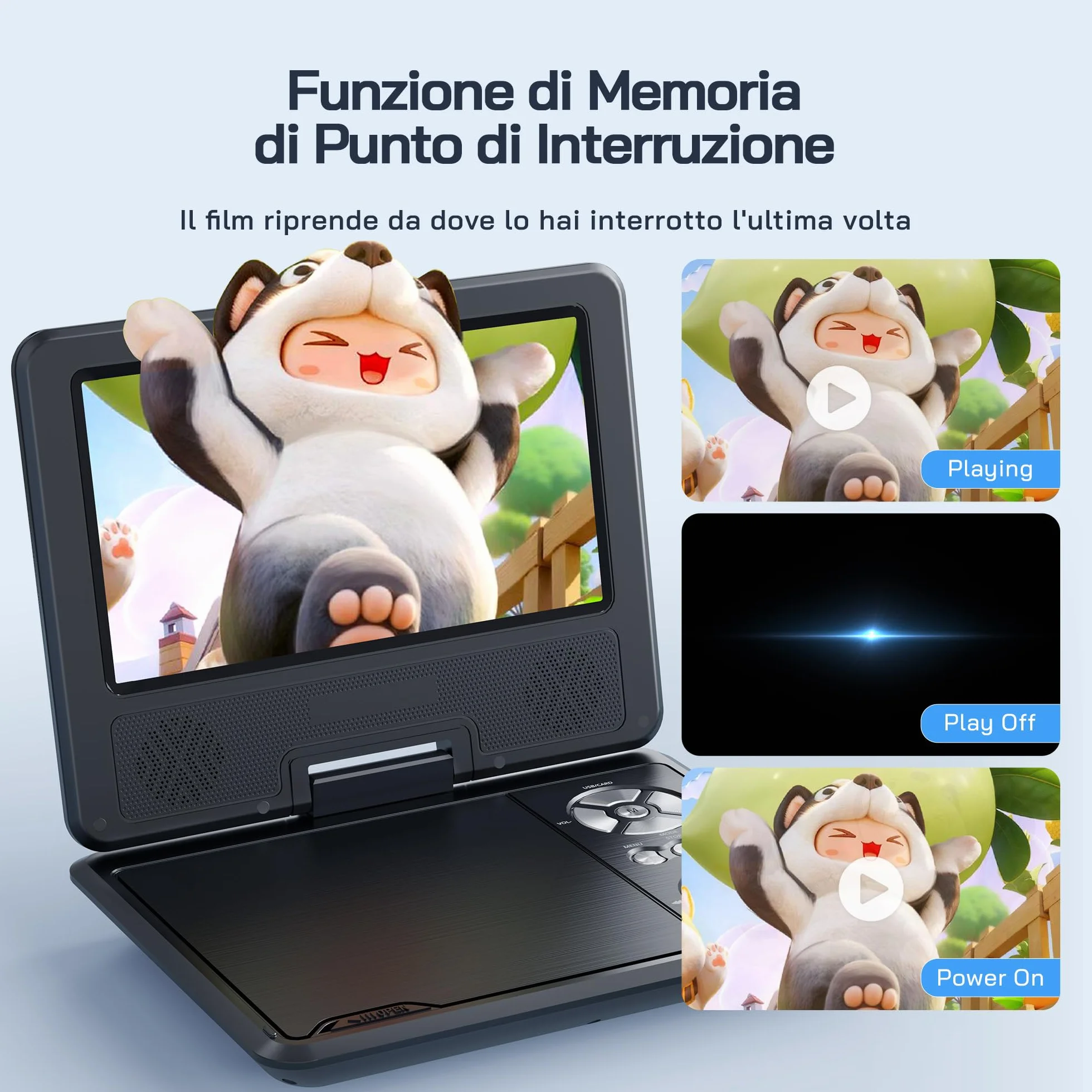 WOLFANG Lettore DVD portatile 9,5" schermo girevole HD 7,5" altoparlanti stereo batteria 6 ore Sync-TV USB SD