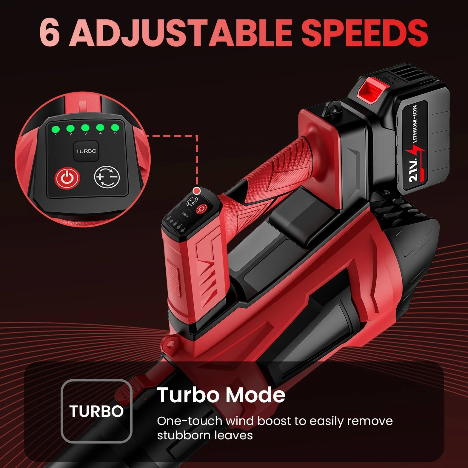 Soffiatore a Batteria 21V con 2x 4.5Ah Batterie, Soffiatore Foglie Potente 360 km/h, Motore Brushless, 5 Velocità + Turbo, 3 Tubi, Tracolla, Compatibile 18V, per Giardino, Auto, Neve, Cortile