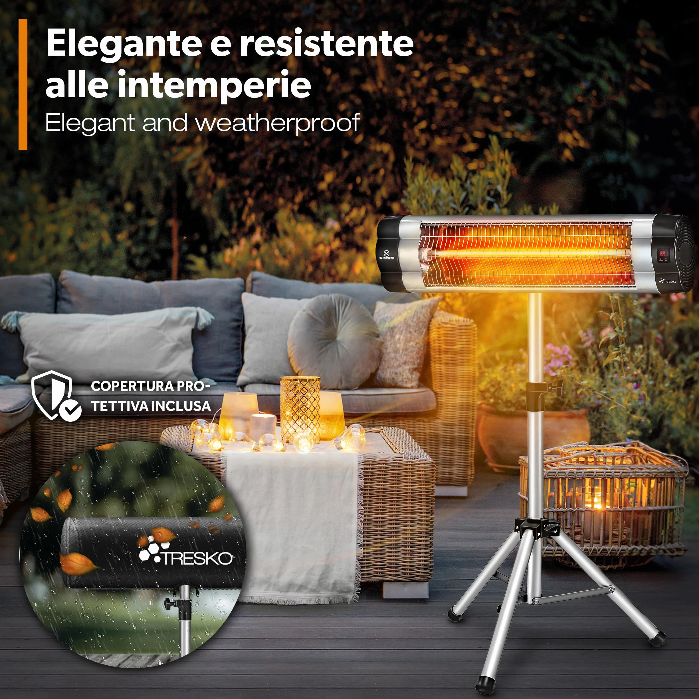 TRESKO Riscaldatore ad Infrarossi 2500W con Telecomando 3 Livelli Calore Stufa Elettrica Esterno Altezza Regolabile