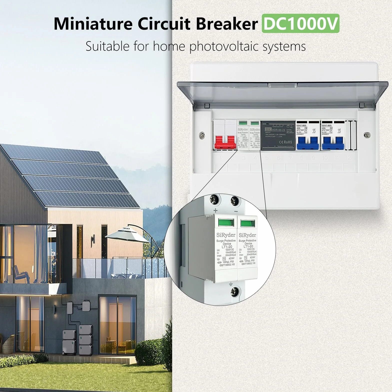 Scaricatore di Sovratensione 220V DC1000V 2P 10KA~20KA Fotovoltaico Protettore di Fulmini Bassa Tensione
