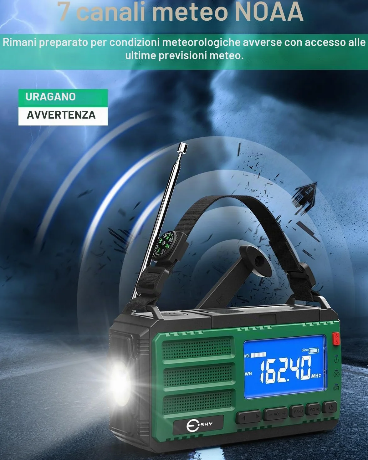 Esky 10000 mAh Radio Manovella AM/FM/NOAA Solare Portatile con Torcia, Bussola, Allarme SOS per Campeggio Emergenza