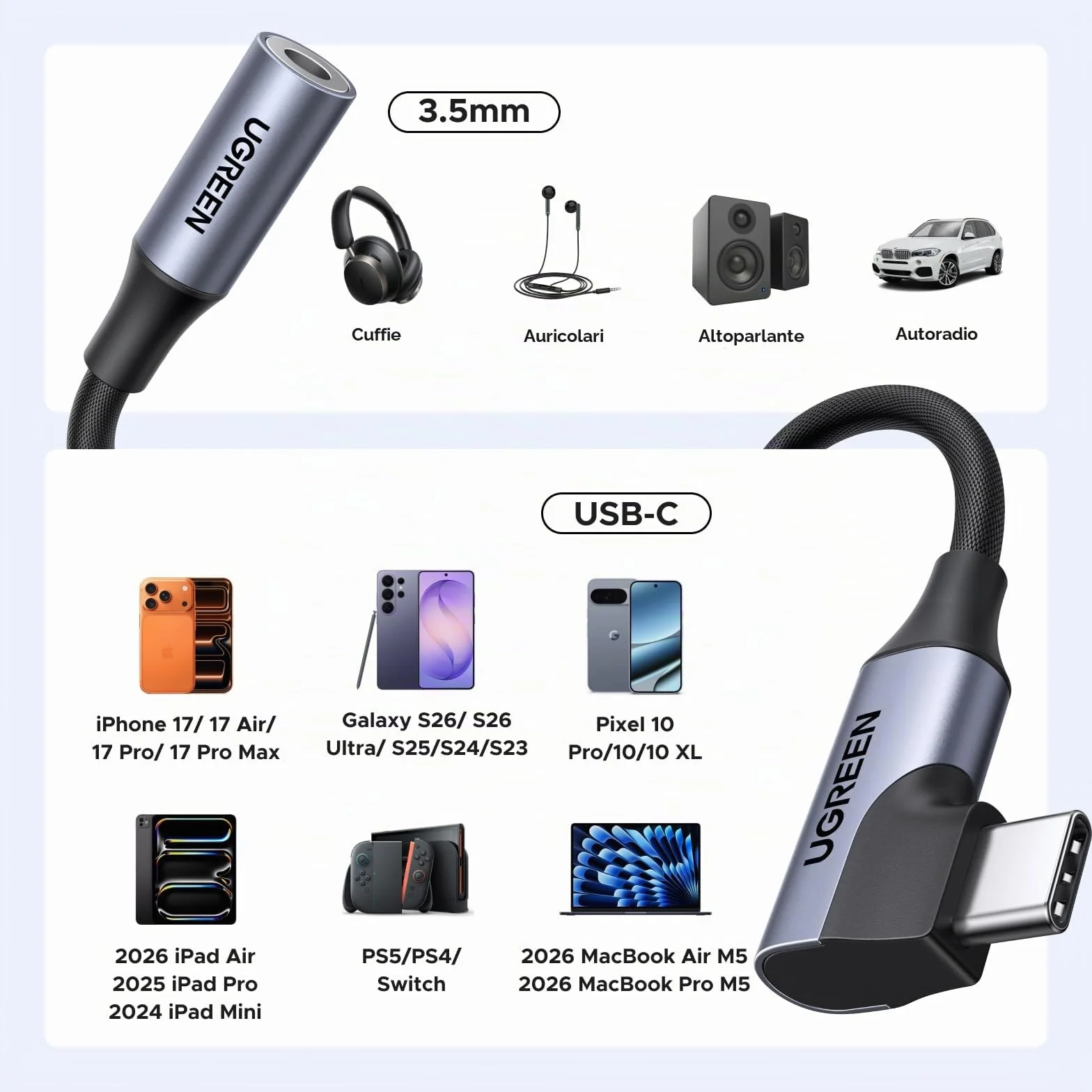 UGREEN Adattatore da USB-C a Jack Audio 3,5 mm Angolato 90 Gradi con DAC per iPhone 17/17 Air/17 Pro/17 Pro Max, Galaxy S25, iPad, Mac