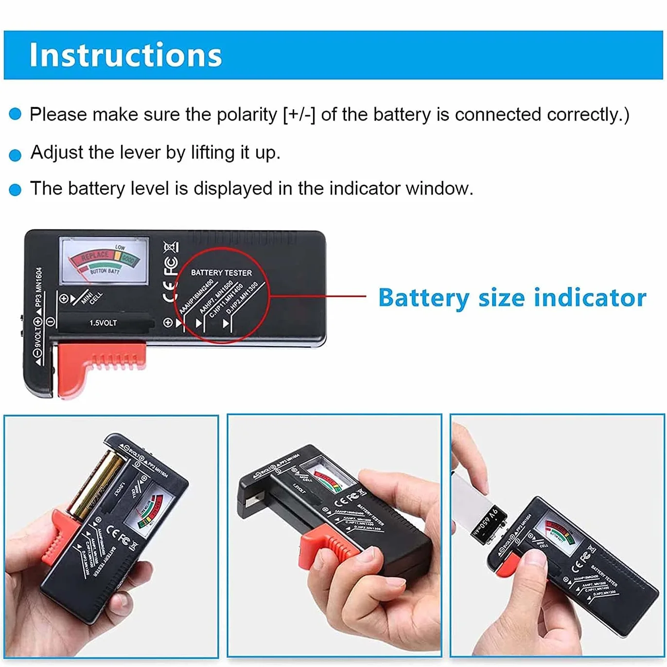 Tester per Volt per batterie AA AAA C D 9V 1,5V