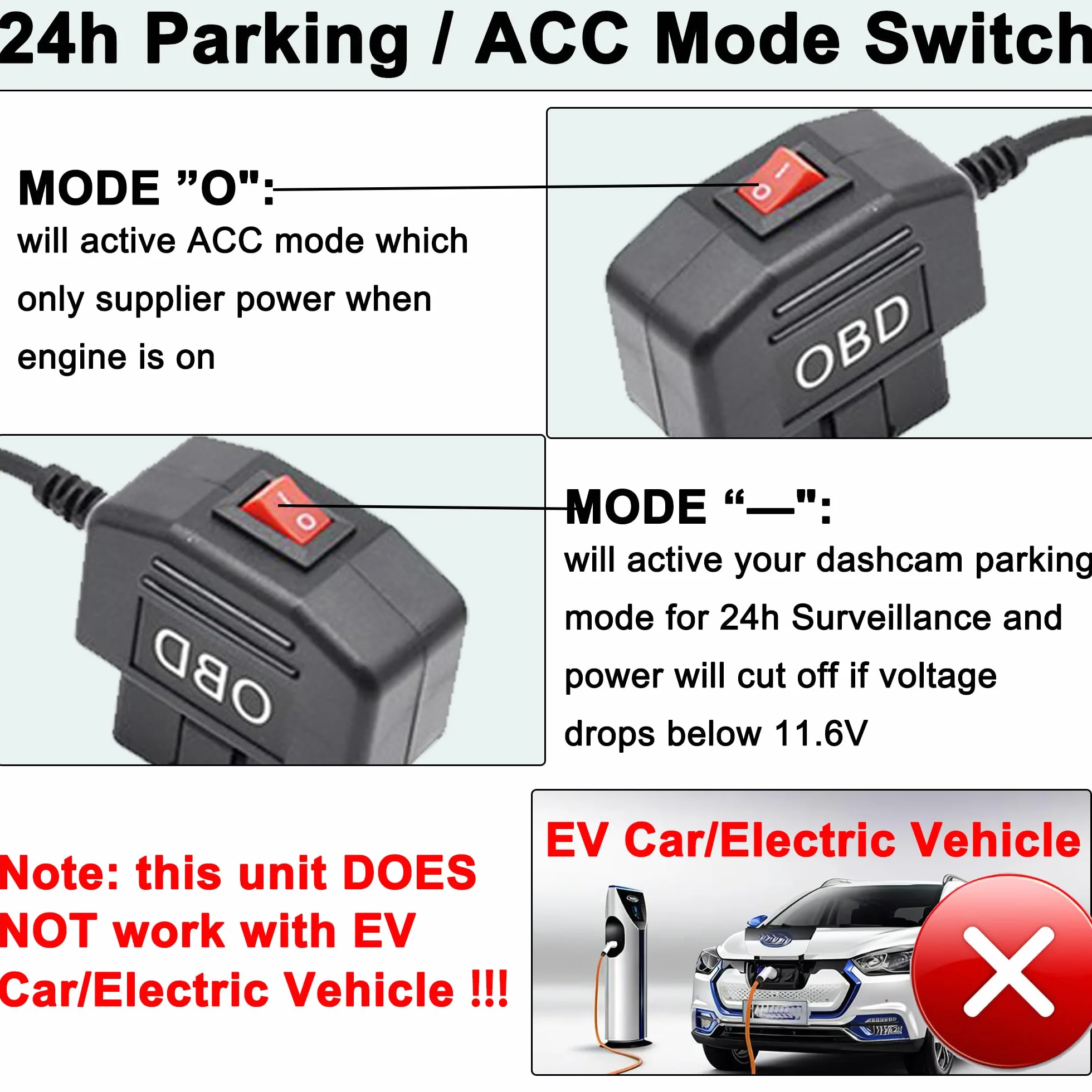 OBD Power Cable for Dash Camera, OBD2 to USB C Adapter, 12-24V to 5V 3A, 24h Parking Mode with Switch, 3.5M