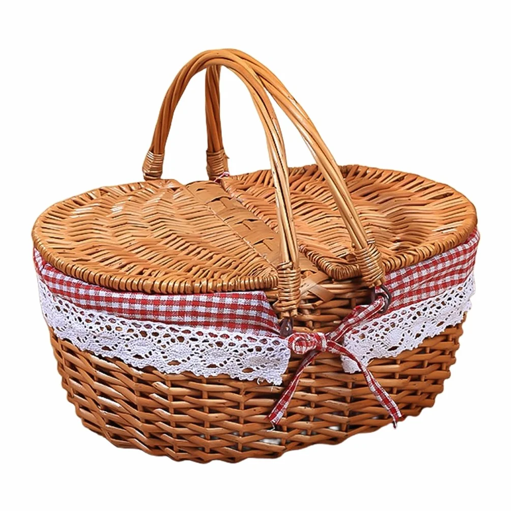 Cestino da picnic in vimini con coperchio pieghevole e manico, cestino da picnic di grande capacità per vacanze al mare, robusto corpo in tessuto con fodera lavabile per Pasqua, festa della