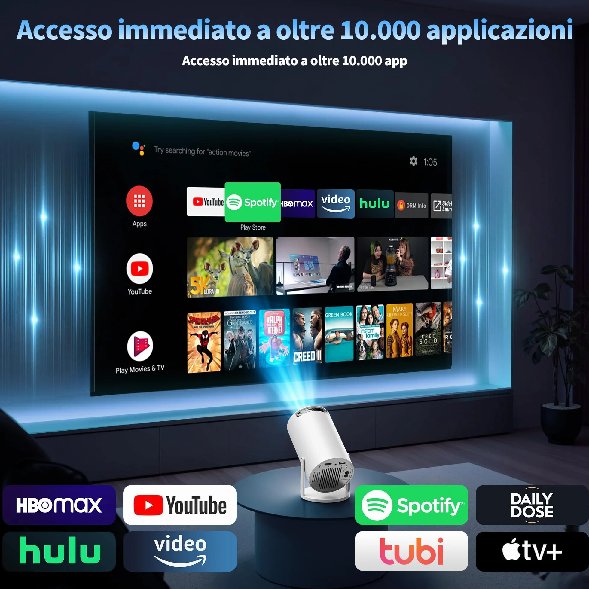 Proiettore 1080P FHD WiFi 6 BT 5.2 Portatile 4K Auto Keystone 270° Rotativo Bianco