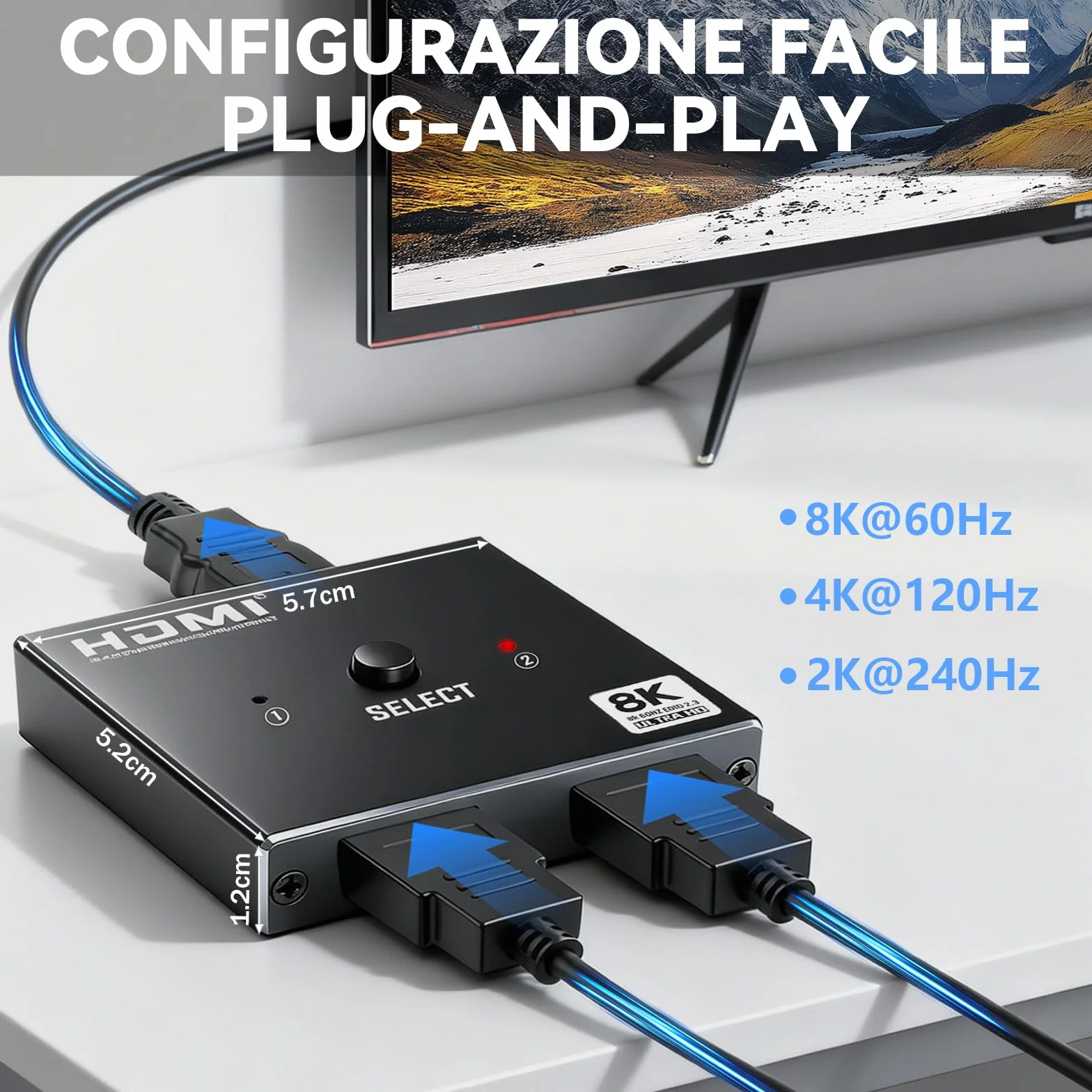 Splitter HDMI 8K 2.1 48Gbps, Switch HDMI 2 ingressi 1 uscita, Supporto HDCP 2.3 per PS5 Xbox HDTV