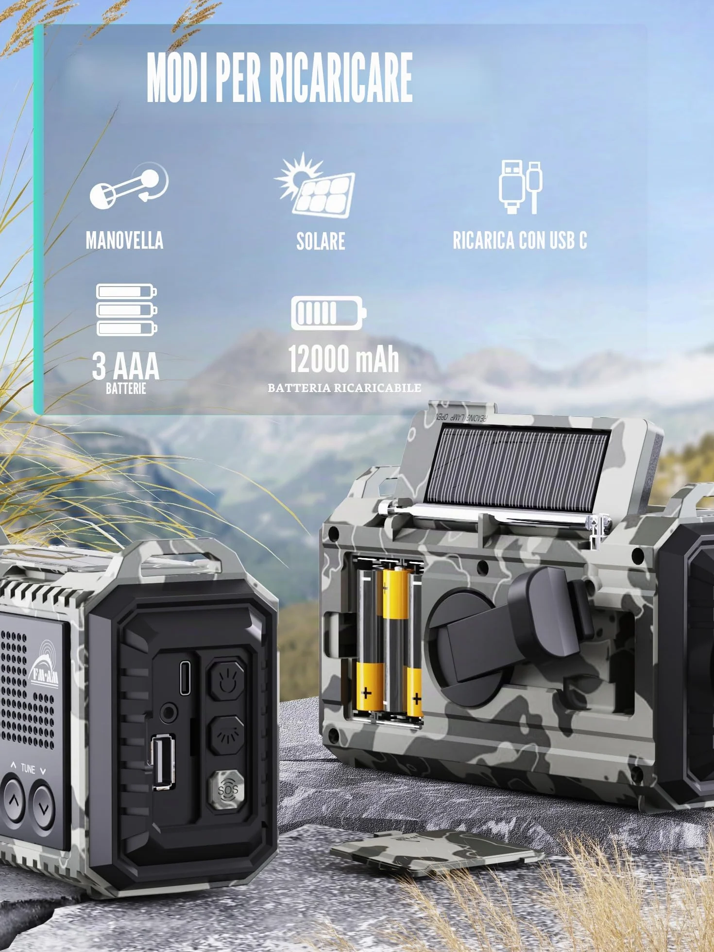 Radio Portatile di Emergenza 12000 mAh AM/FM/SW Ricaricabile Impermeabile