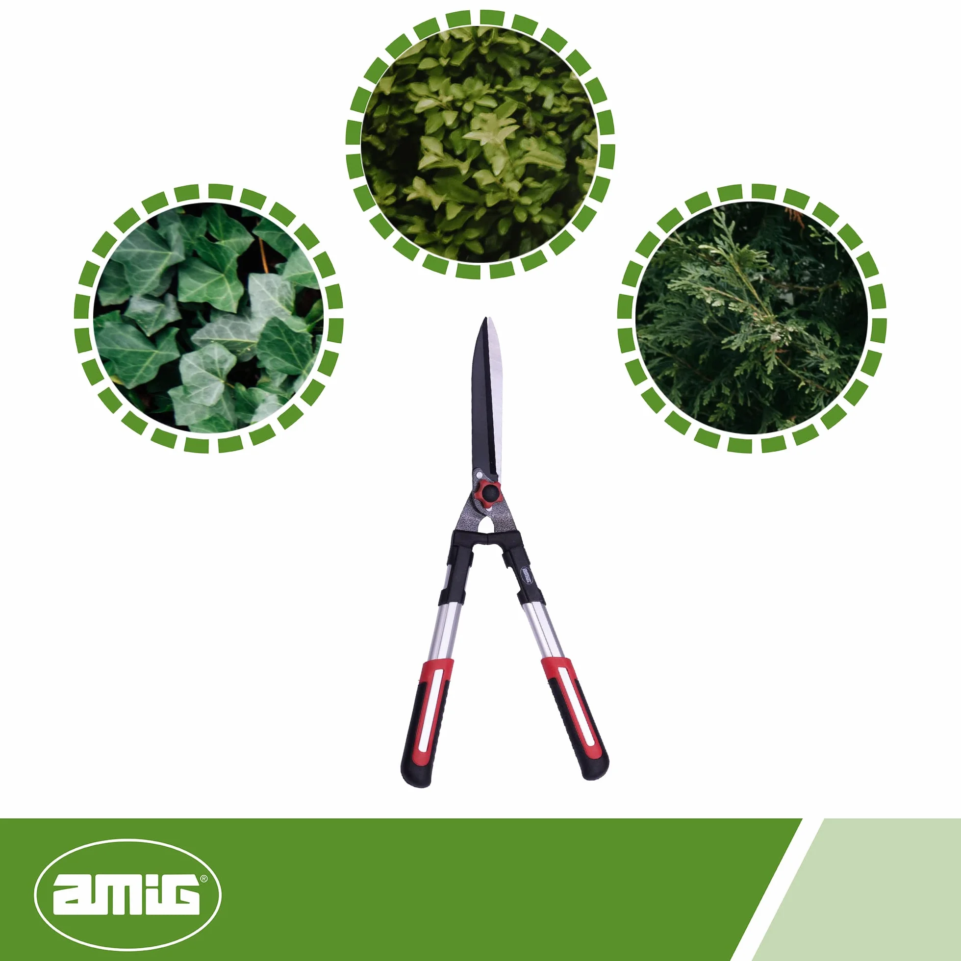 Amig Cesoia per Siepi a Due Mani Lama Acciaio Temprato Rivestito Teflon 600 mm Impugnatura Antiscivolo Alluminio