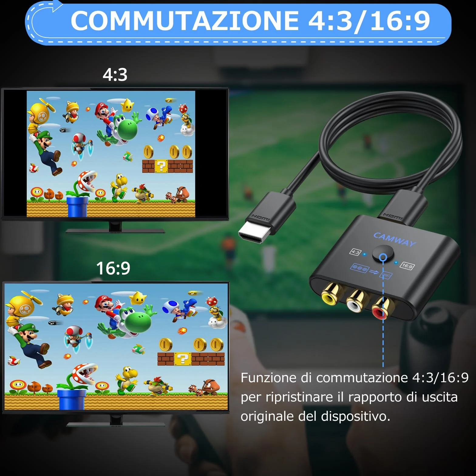 CAMWAY Convertitore AV a HDMI, Supporta 16:9/4:3, Adattatore con Cavo HDMI 50cm, PAL/NTSC per Wii/PS1/PS2/N64/Xbox