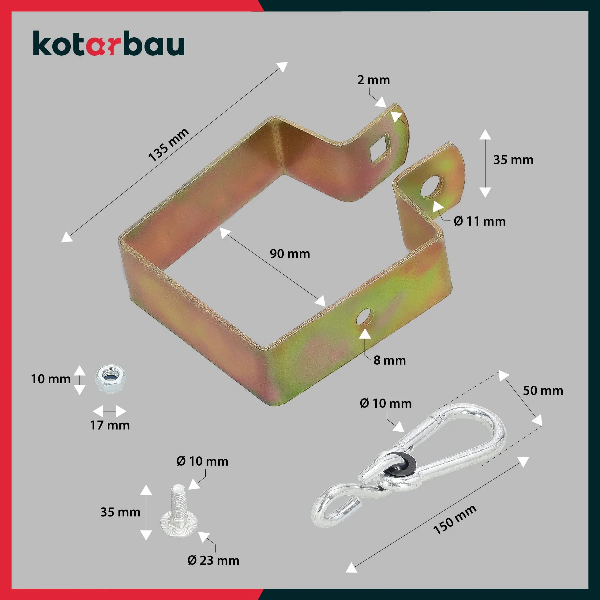 KOTARBAU® Set di 2 ganci per altalena, 90 x 90 mm, gancio a moschettone quadrato, morsetto per altalena, fissaggio per altalena, gemelli, zincati, colore giallo, 2 unità, 90 x 90 mm