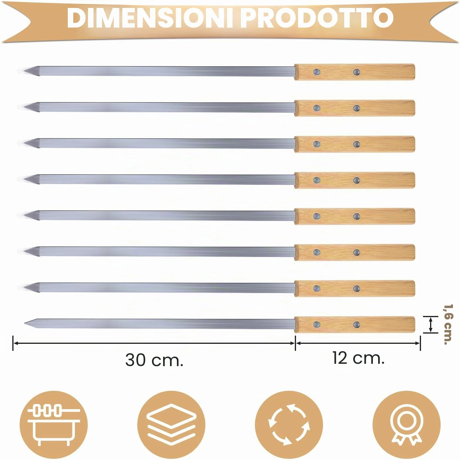 Spiedini Barbecue in Acciaio Inox 42 cm con Manici in Legno di Faggio, Set 8 Pezzi