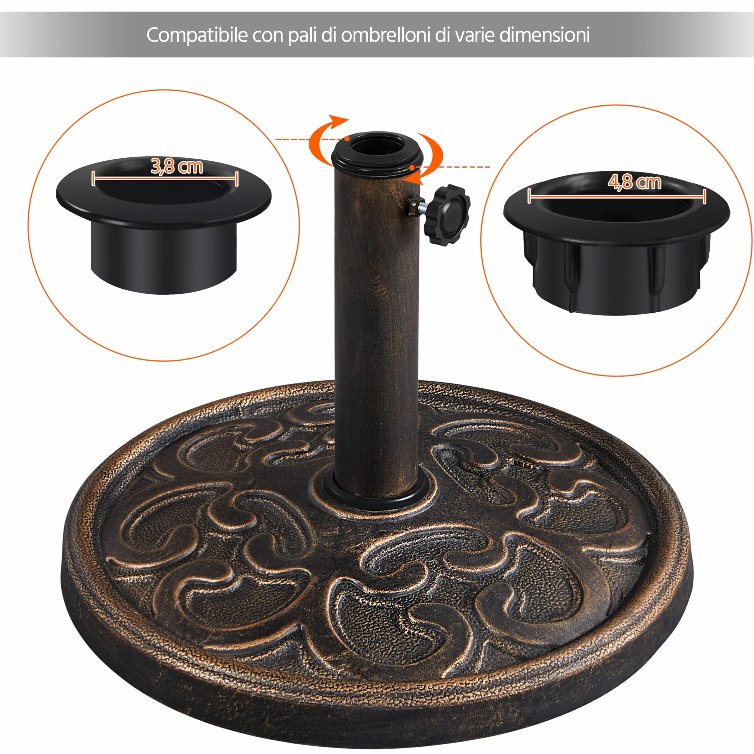 Yaheetech Base per Ombrellone da Giardino in Resina e Metallo Supporto 10 kg per Pali da Ø38mm e Ø48mm con Effetto in Ghisa Esterno Veranda Terrazza Piscina Spiaggia Patio Bronzo
