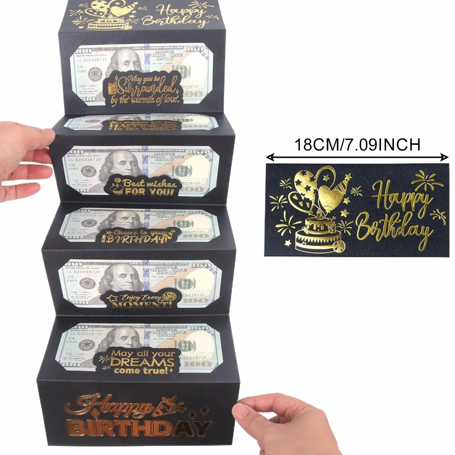 Biglietto Auguri Compleanno con Busta, Nero Oro, per Regali in Contanti