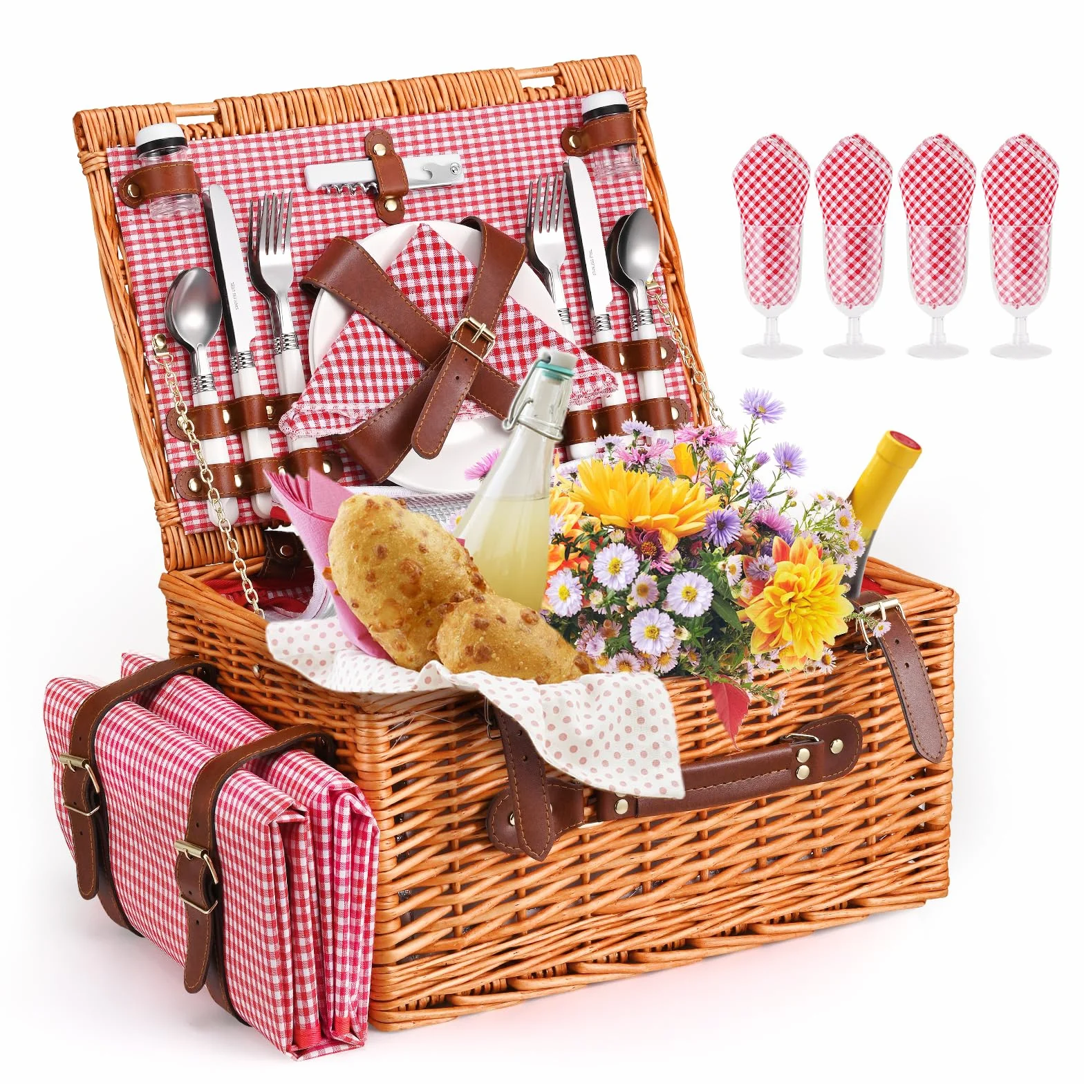 Cestino Picnic, Cesto Picnic Vimini con Scomparto Termico,Cestino Vimini con Coperta Impermeabile e Set di Posate, Set Pic Nic 4 Persone per Campeggio, Cestino Pic Nic (Rosa)