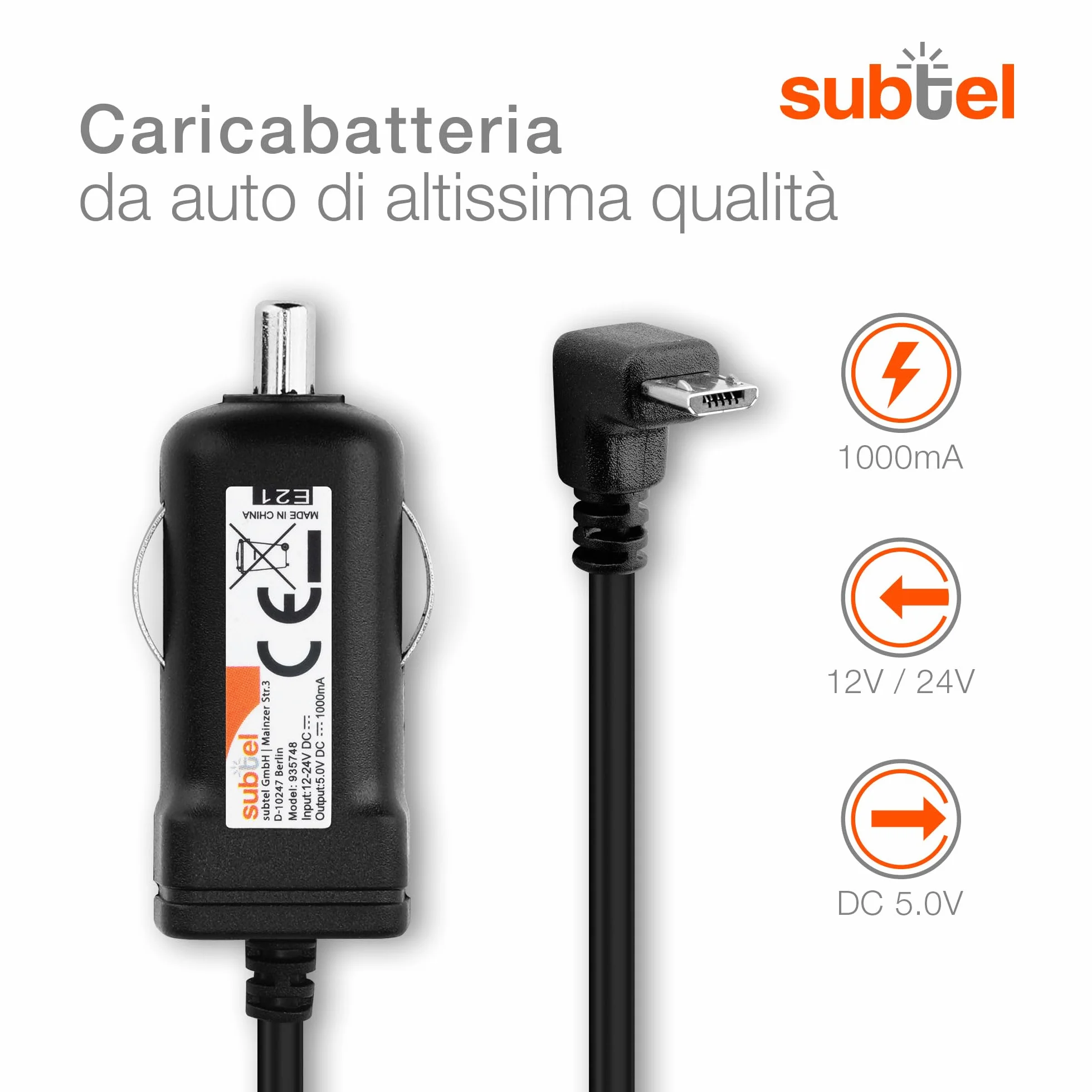 Subtel Caricatore Micro-USB 90° da Auto 1.1m 1A 5V per Navigatore GPS