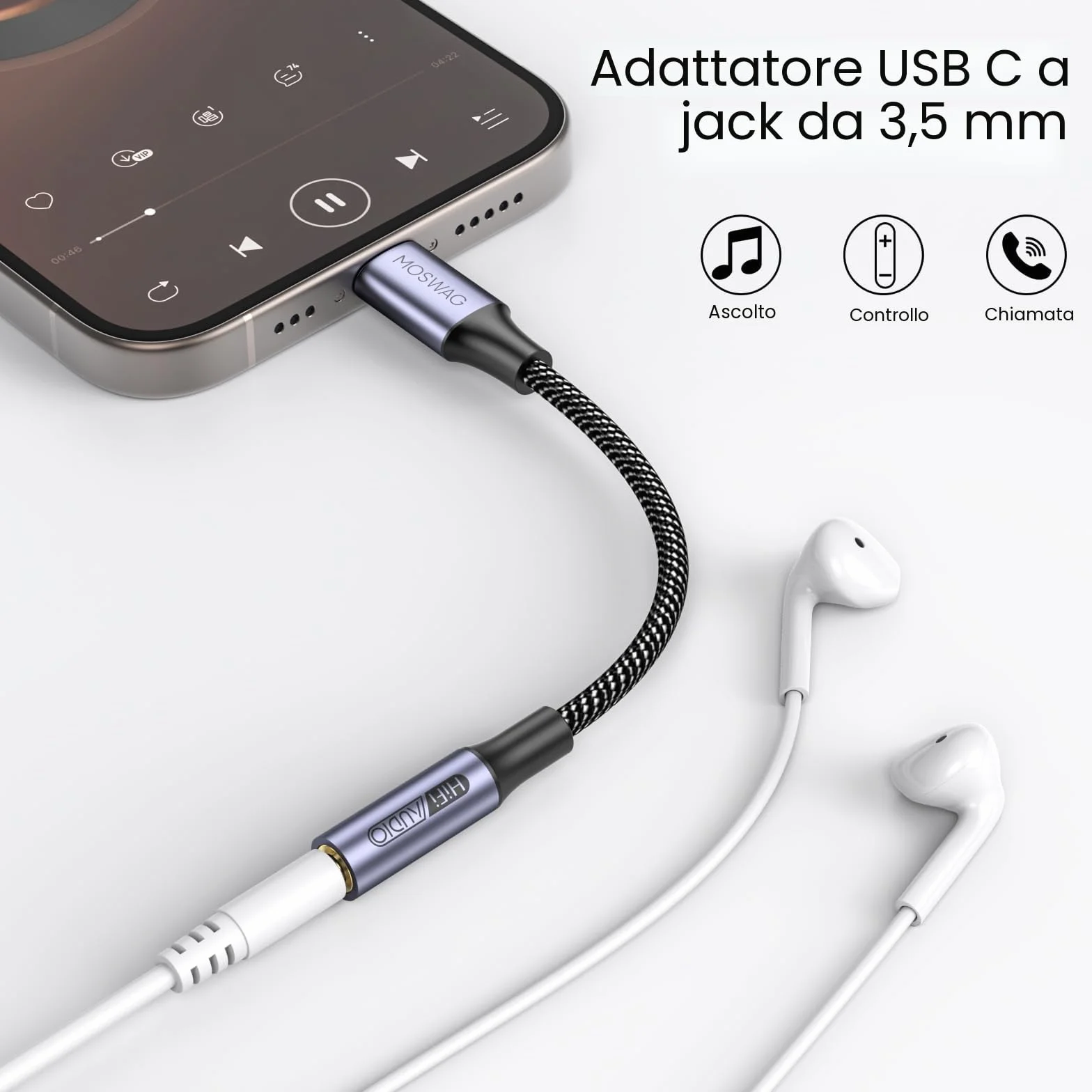 MOSWAG Adattatore per Cuffie USB C a 3.5 mm con DAC Integrato, Compatibile con iPhone 17 Pro Max Air Samsung Galaxy S26 S25 S24 XIAOMI Google Pixel