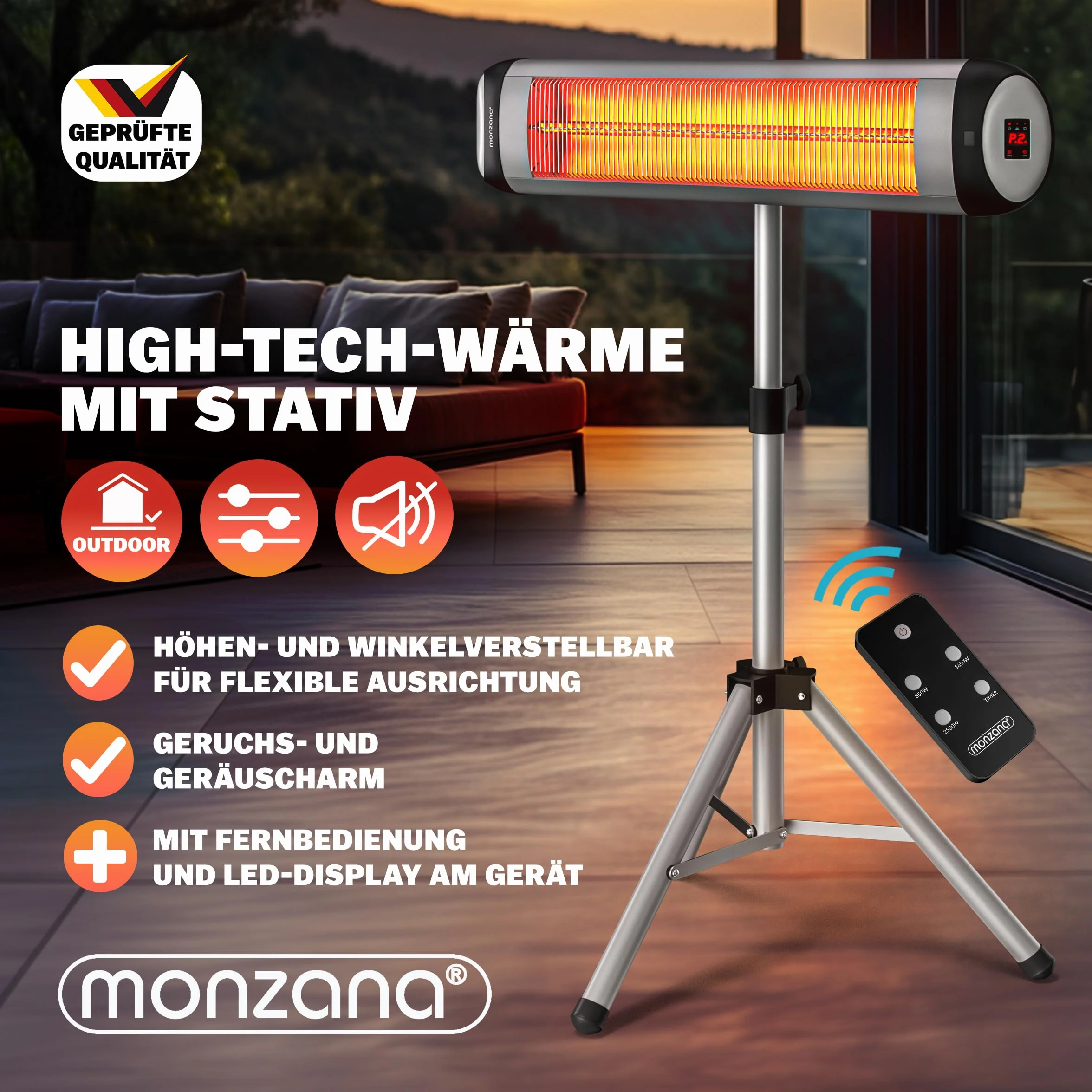 MONZANA Stufa Elettrica a Infrarossi MZH2500 2500W 110-175cm Telecomando Timer 24h