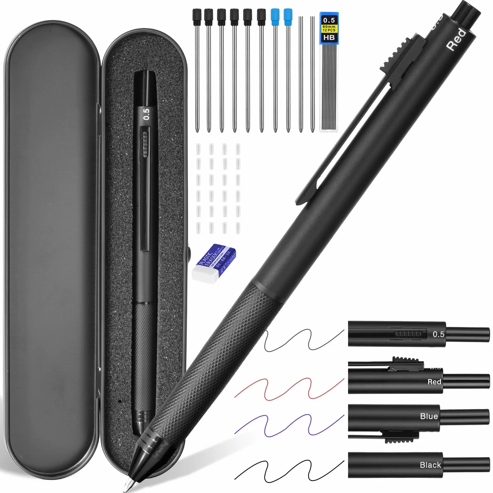 AUAUY 4 in 1 Matita Portamine & Penna a Sfera, Metallo Matite Meccaniche 0.5mm Set, Penne a Sfera Multicolore con Confezione Regalo