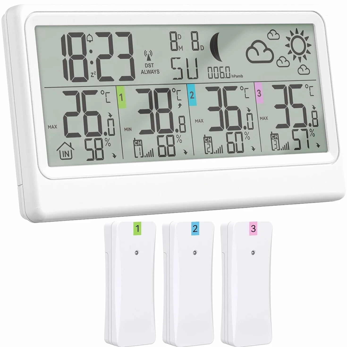Stazione Meteo con 3 Sensore Esterno, Stazione Meteo con Display LCD 8,5”, Termometro Interno ed Esterno, Igrometro, Barometro, Previsioni Meteo, Fasi Lunari, Sveglia, Funzione Snooze e RCC