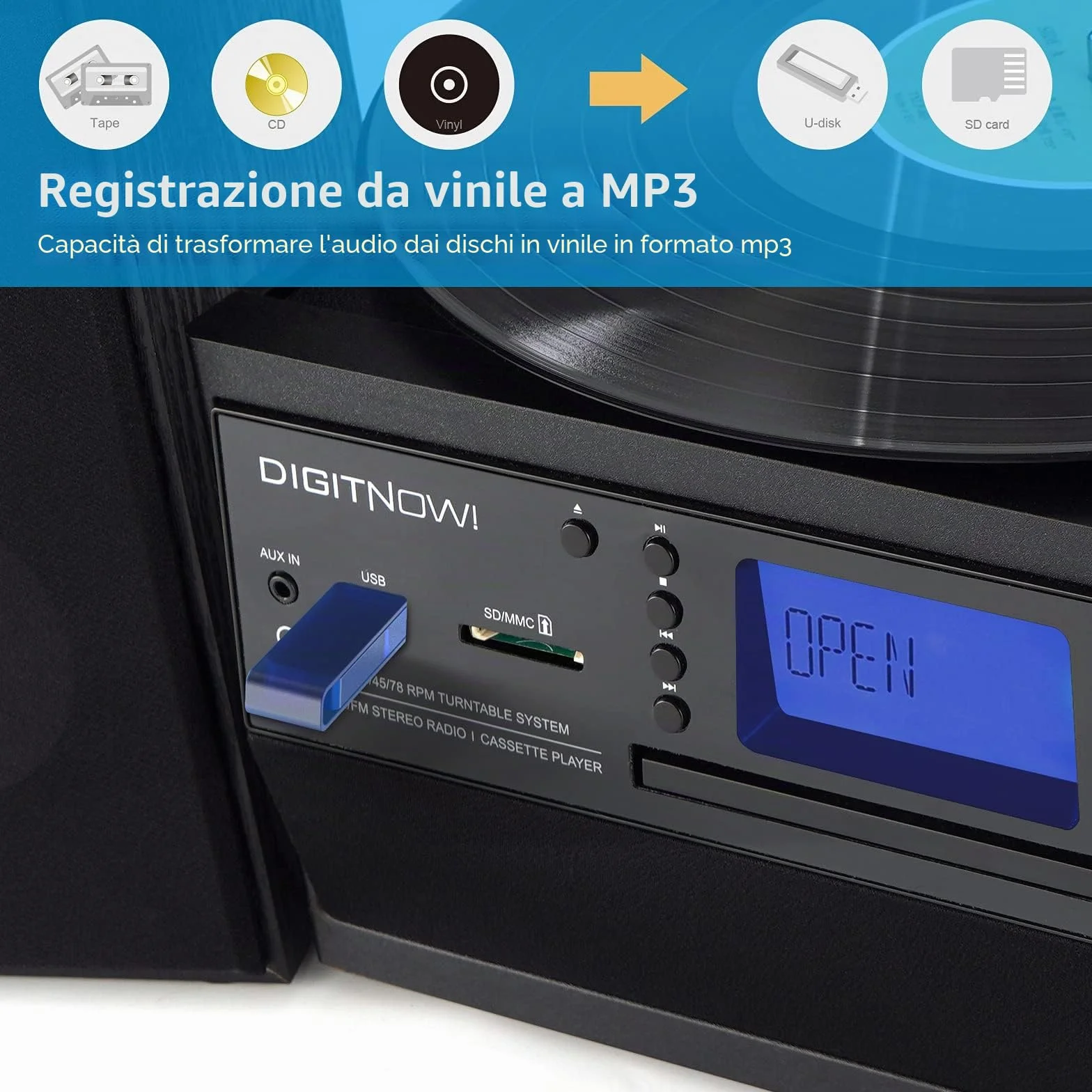 Giradischi Bluetooth DigitNow per CD Cassette Radio AM/FM con Altoparlanti Stereo