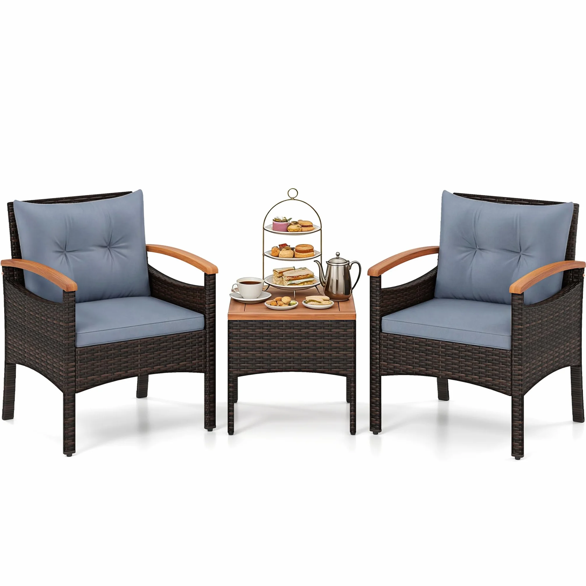 GIANTEX Set di Mobili a 3 Pezzi, Set da Bistrot in Rattan per Esterni con Tavolino, Cuscini Morbidi, Set da Conversazione in Legno d'Acacia per Patio, Cortile, Bordo Piscina (Grigio)
