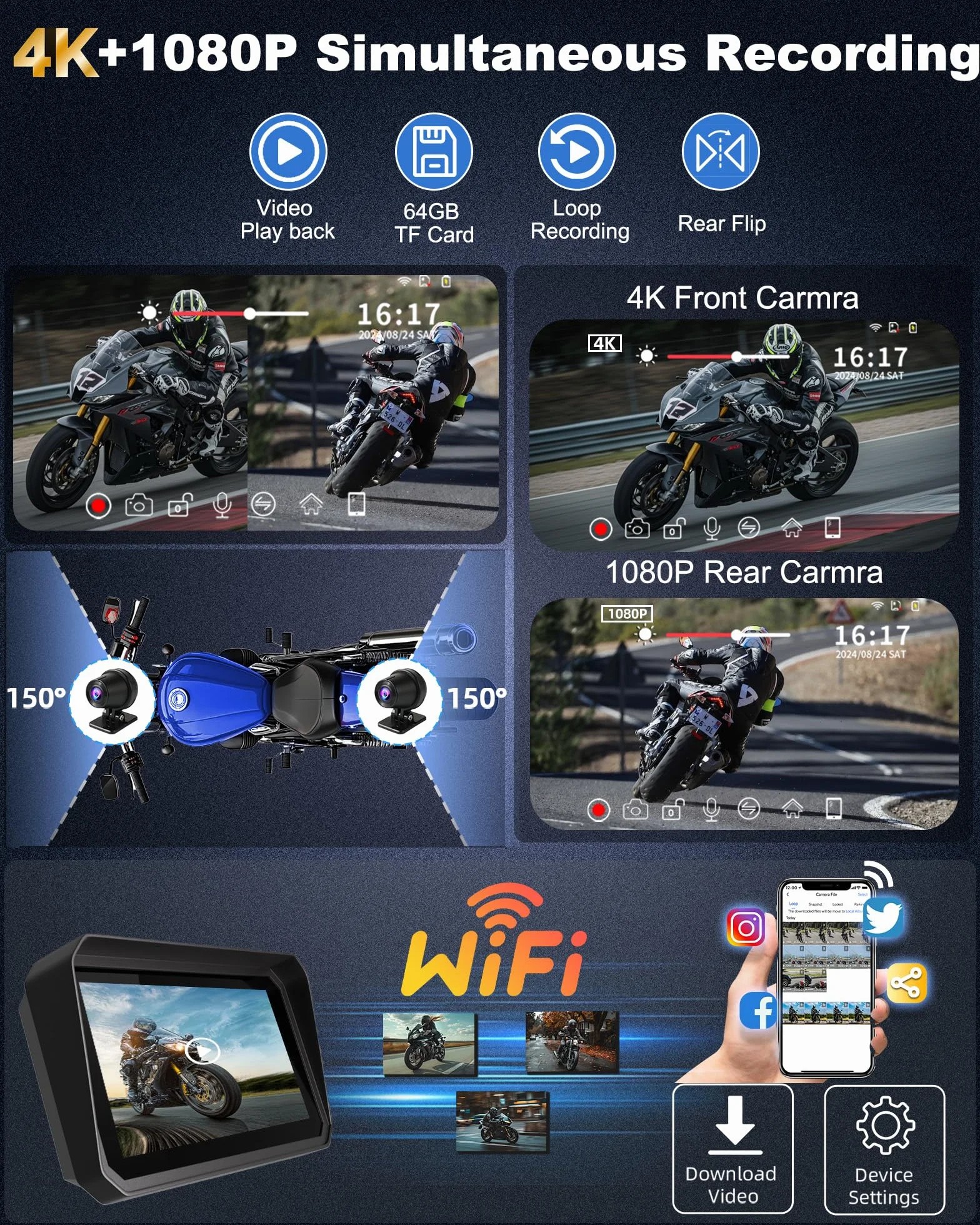 Navigatore Moto 4K Carplay Android Auto 6,25 Pollici Dashcam GPS Bluetooth 64GB