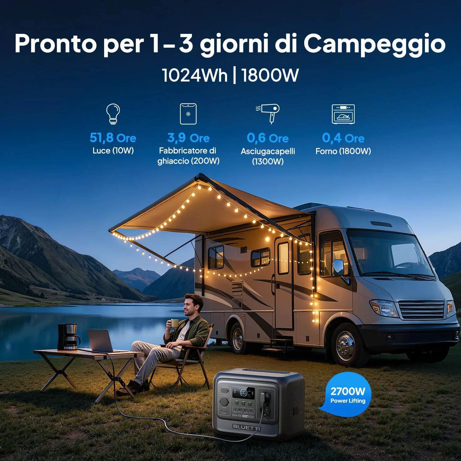 BLUETTI Elite 100 V2 Centrale Elettrica Portatile, LFP Batteria da 1024Wh, 2 Uscite CA 1800W (3600W Picco), 35% Più Piccolo, Alimentazione per campeggio, Interruzioni, Backup UPS