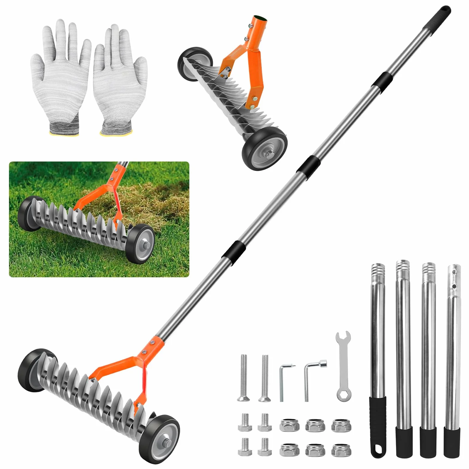 Rastrello per paglia con ruote, scarificatore per prato con larghezza di lavoro di 32 cm, rastrello portatile per erbacce, per la pulizia di erba morta, muschio, erbacce (arancione, 1,7 m)