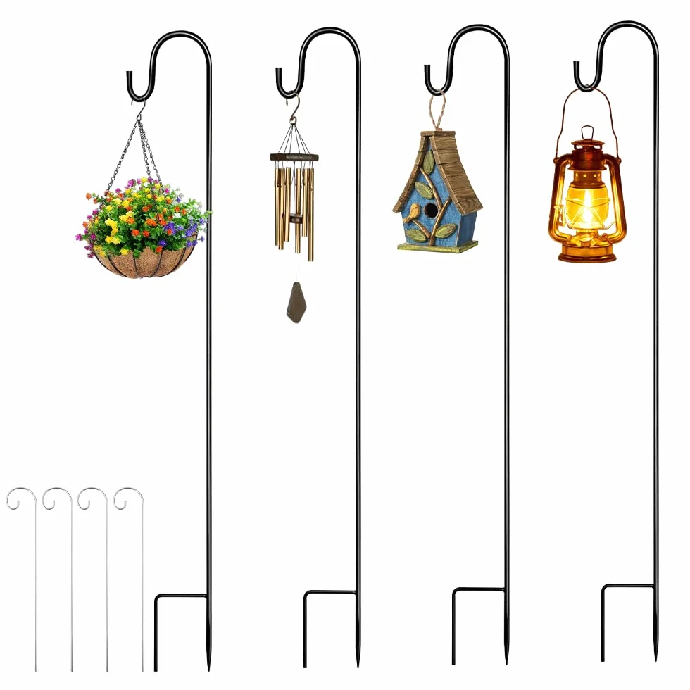 4 Pezzi Gancio da Pastore per Esterni 100cm, Asta da Giardino Regolabile In Metallo Utilizzata con Quattro Ganci per Esterni Giardino Uccelli Luci Solari Cestini Lanterne Decorazione