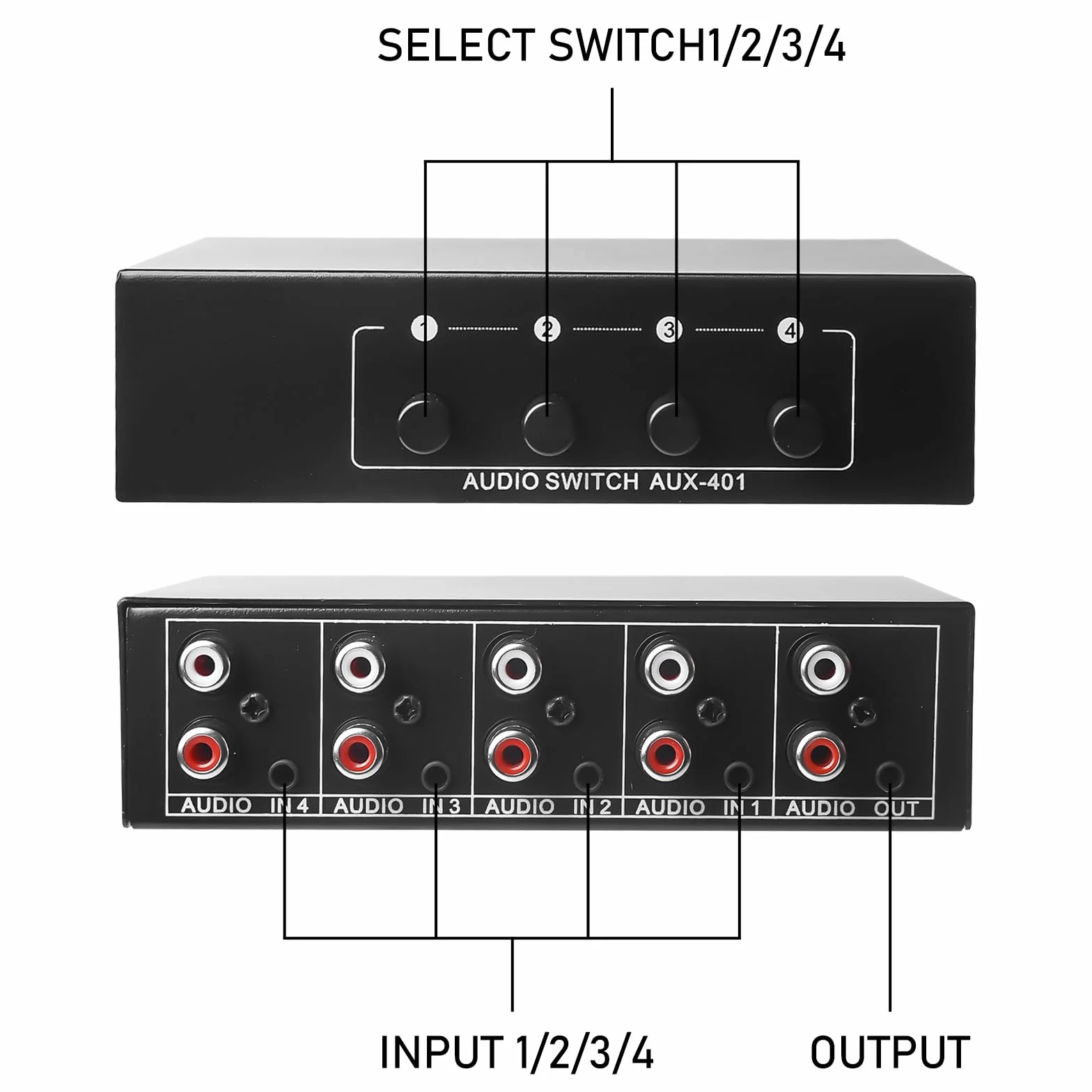 Aux Audio Switcher 4 in 1 Out Audio Video Splitter Stereo Audio Selector 3,5 Mm Aux + RCA L/R