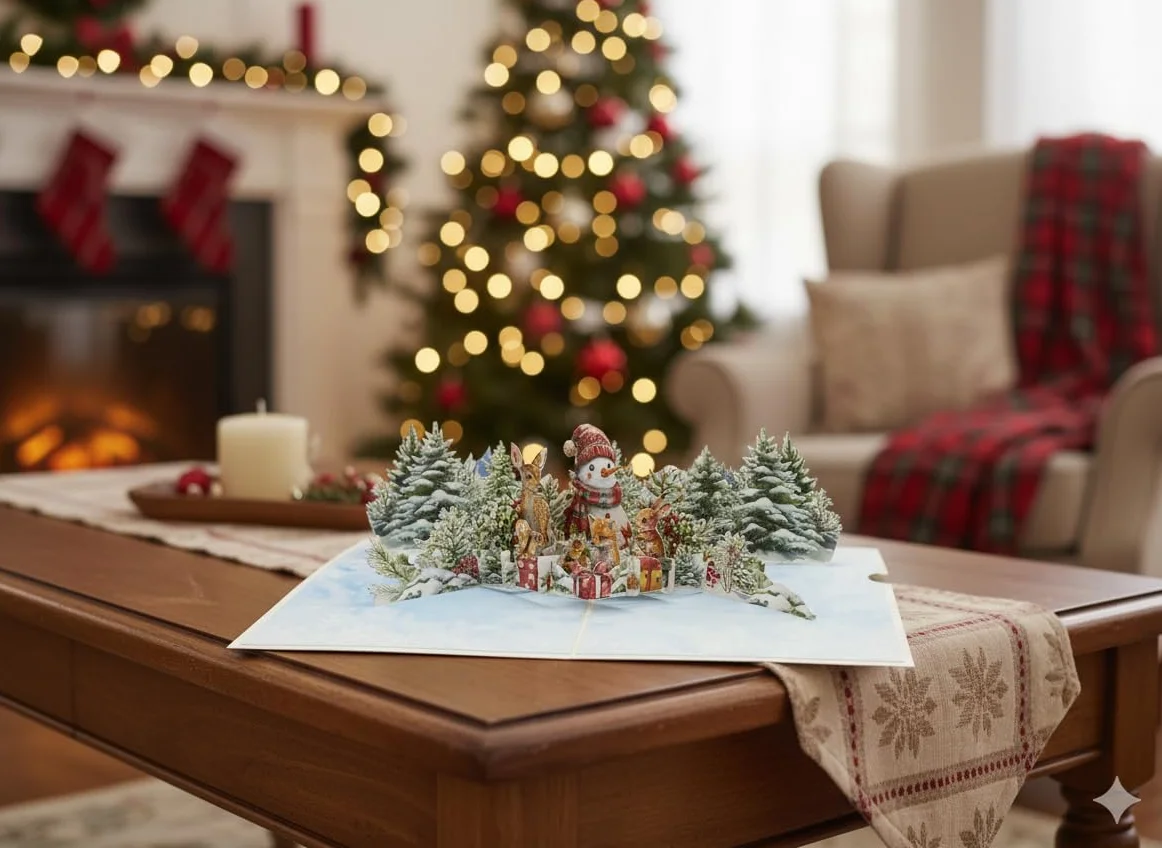 Biglietto di Natale 3D con Busta, Foresta di Pupazzi di Neve, Cartolina Pop Up per Bambini, Regalo per Mamma, Papà