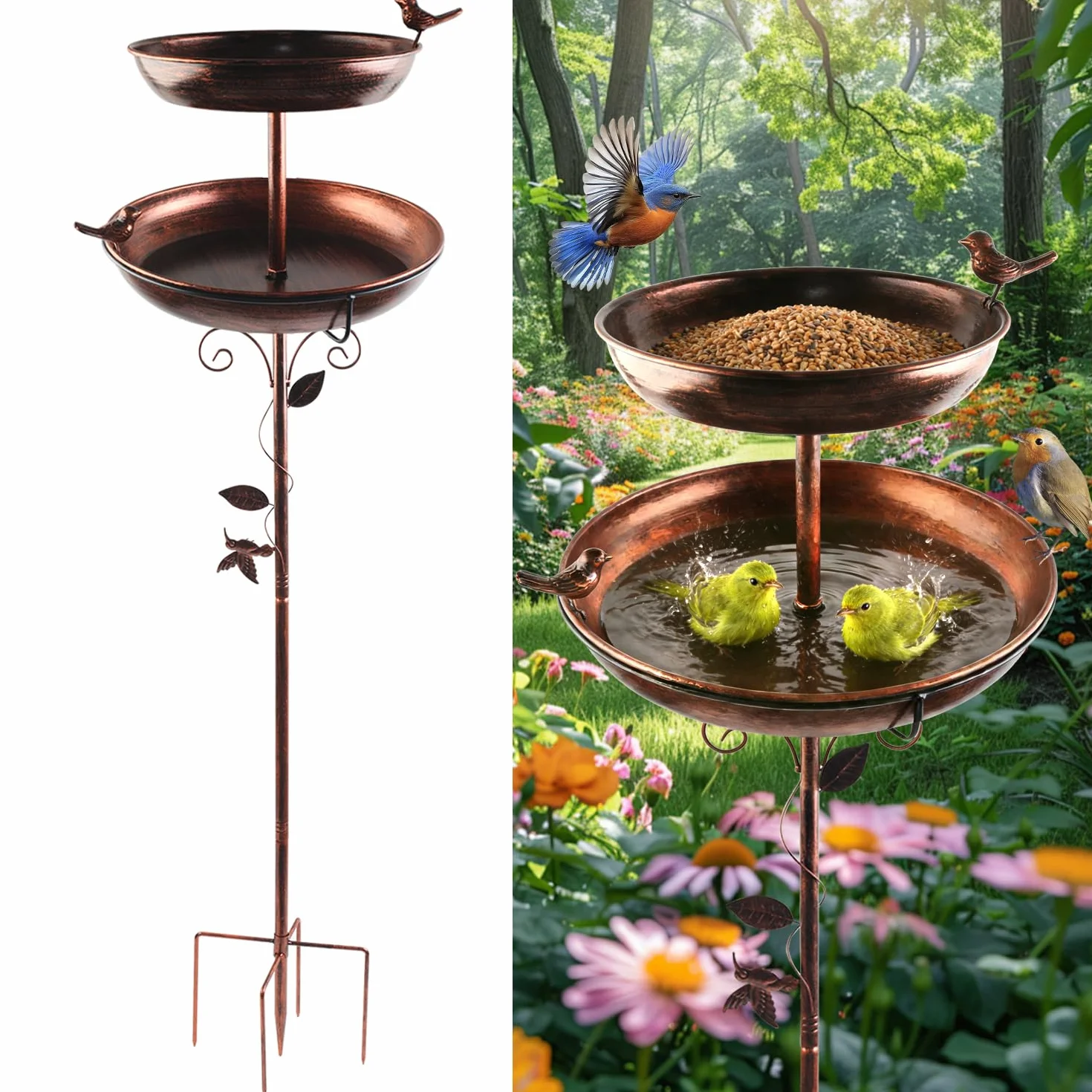 Abbeveratoio per uccelli in metallo 117 cm vintage decorazione foglie per giardino