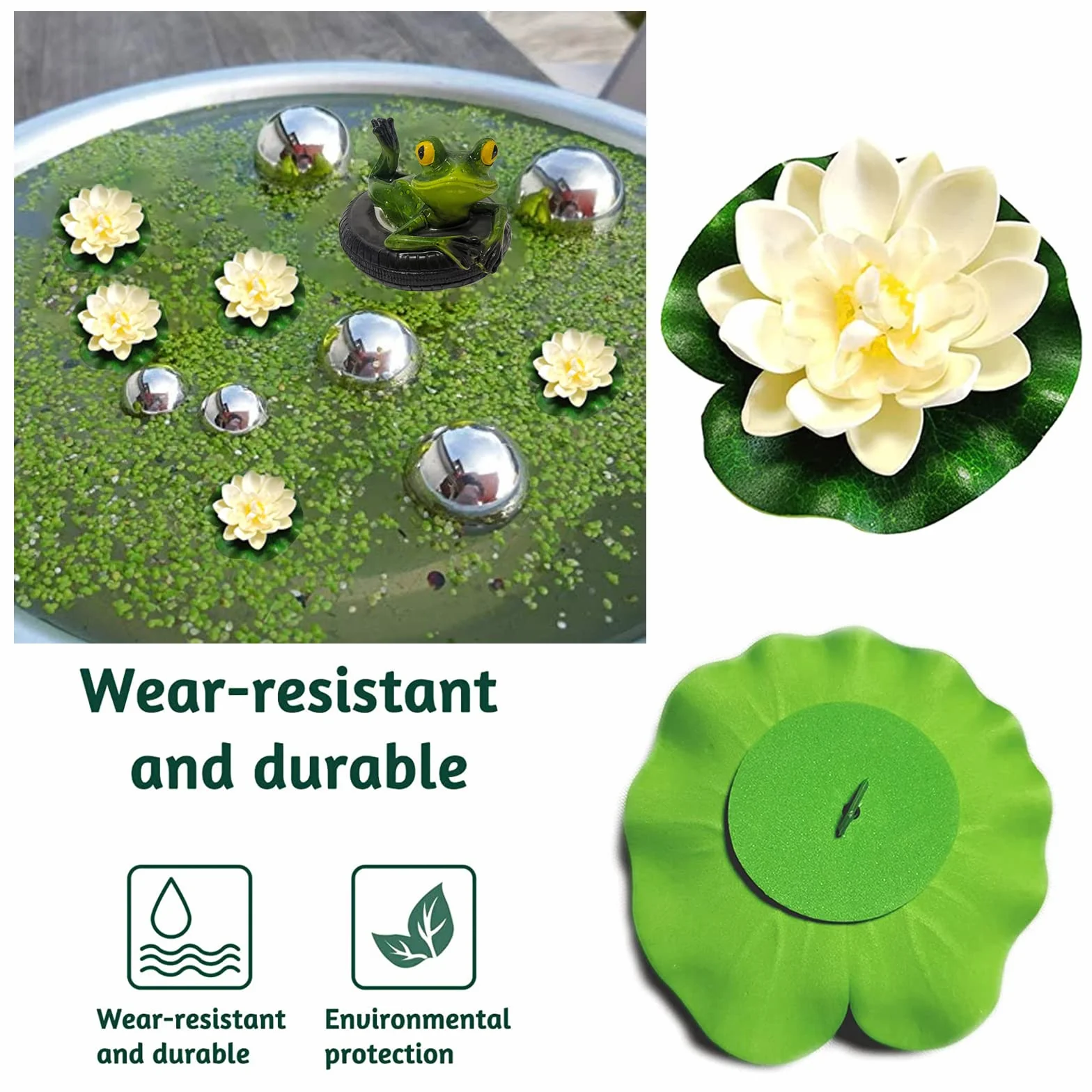 Set Decorativo per laghetti da Giardino, Fiori di Loto Artificiali, Due Rane con Sfere argentate e 2 Fiori di Loto Come Decorazione da Giardino per laghetti da terrazzo, laghetti, fontane solari