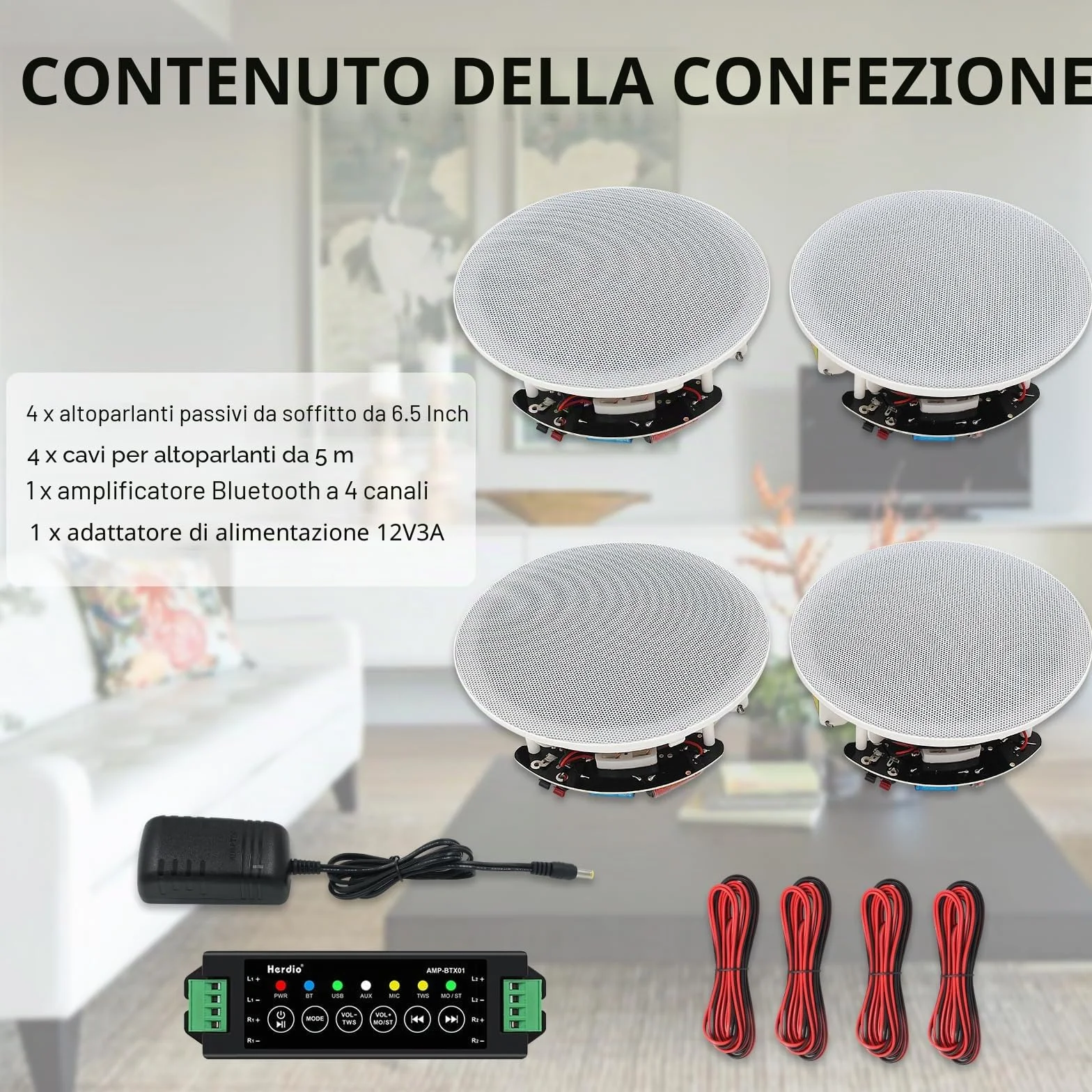 Herdio 6.5 pollici 4PCS 600W Altoparlanti da soffitto Sistema altoparlanti domestici da incasso