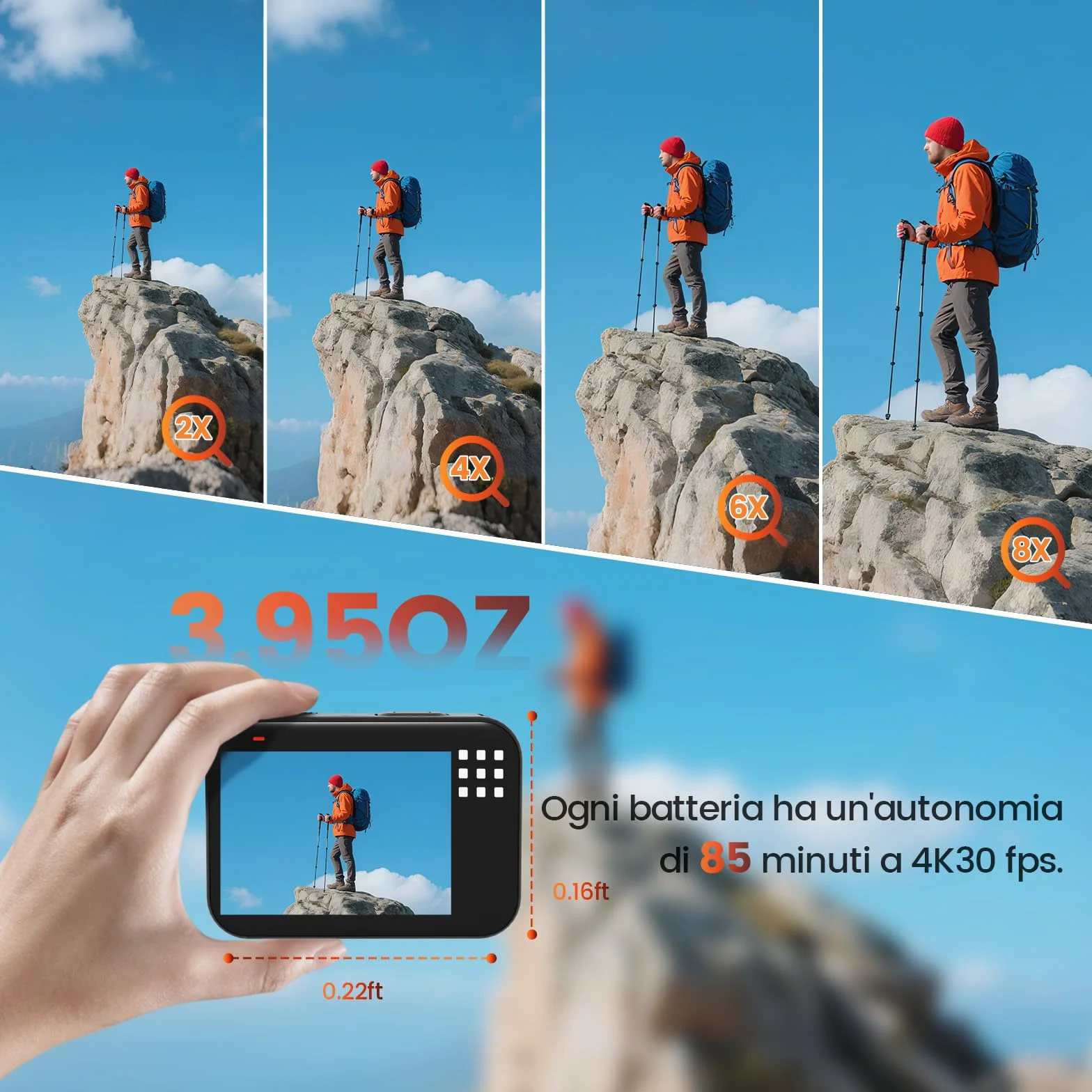 Action Cam 4K 60FPS 48MP 50ft Fotocamera Subacquea con 64GB Scheda WIFI Grandangolo 170° Telecomando 2x1350mAh