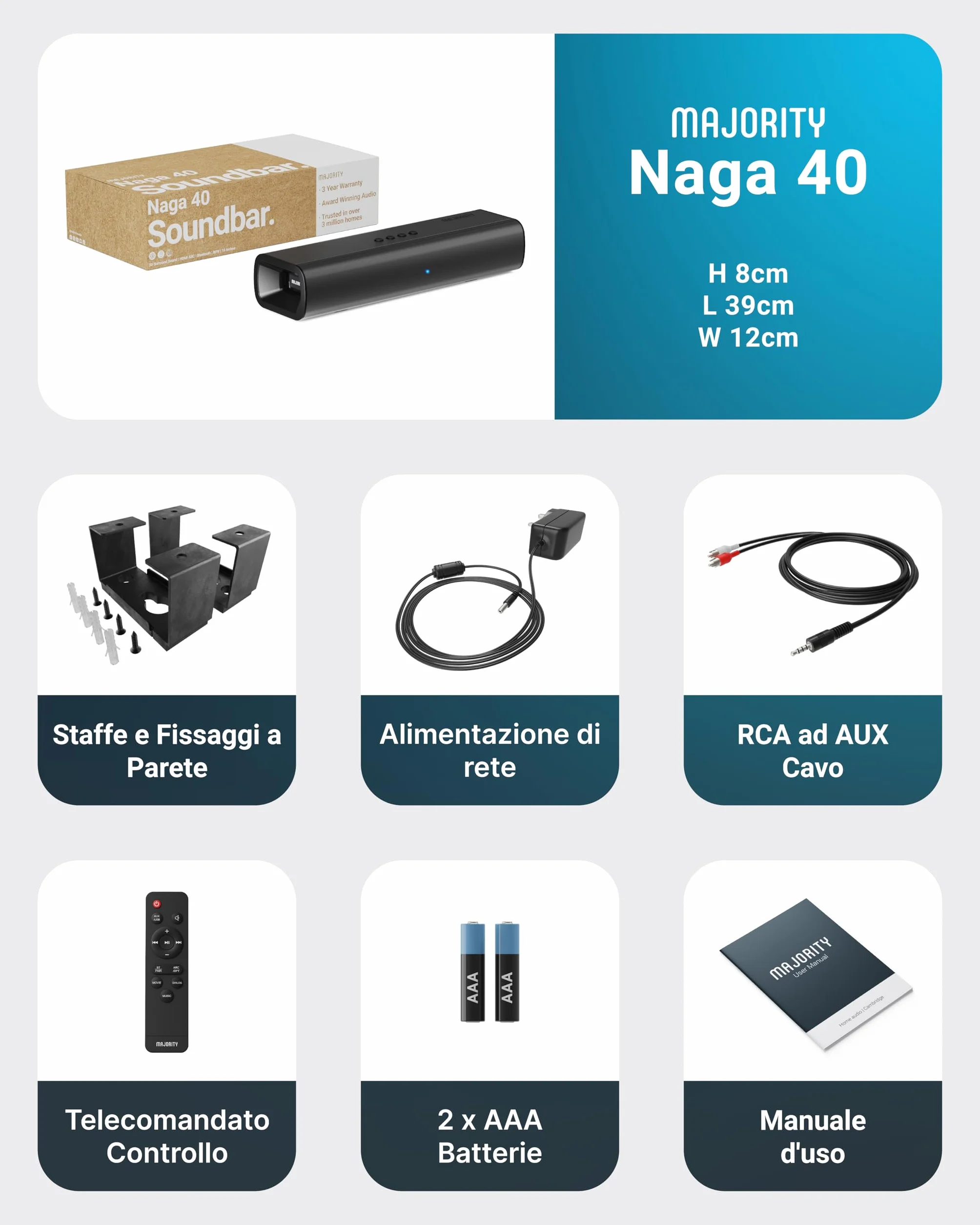 Majority Soundbar Bluetooth TV Naga 40 80W Suono Surround 3D Compatto HDMI ARC Ottico AUX USB Montaggio a Parete Telecomando Staffe Inclusi