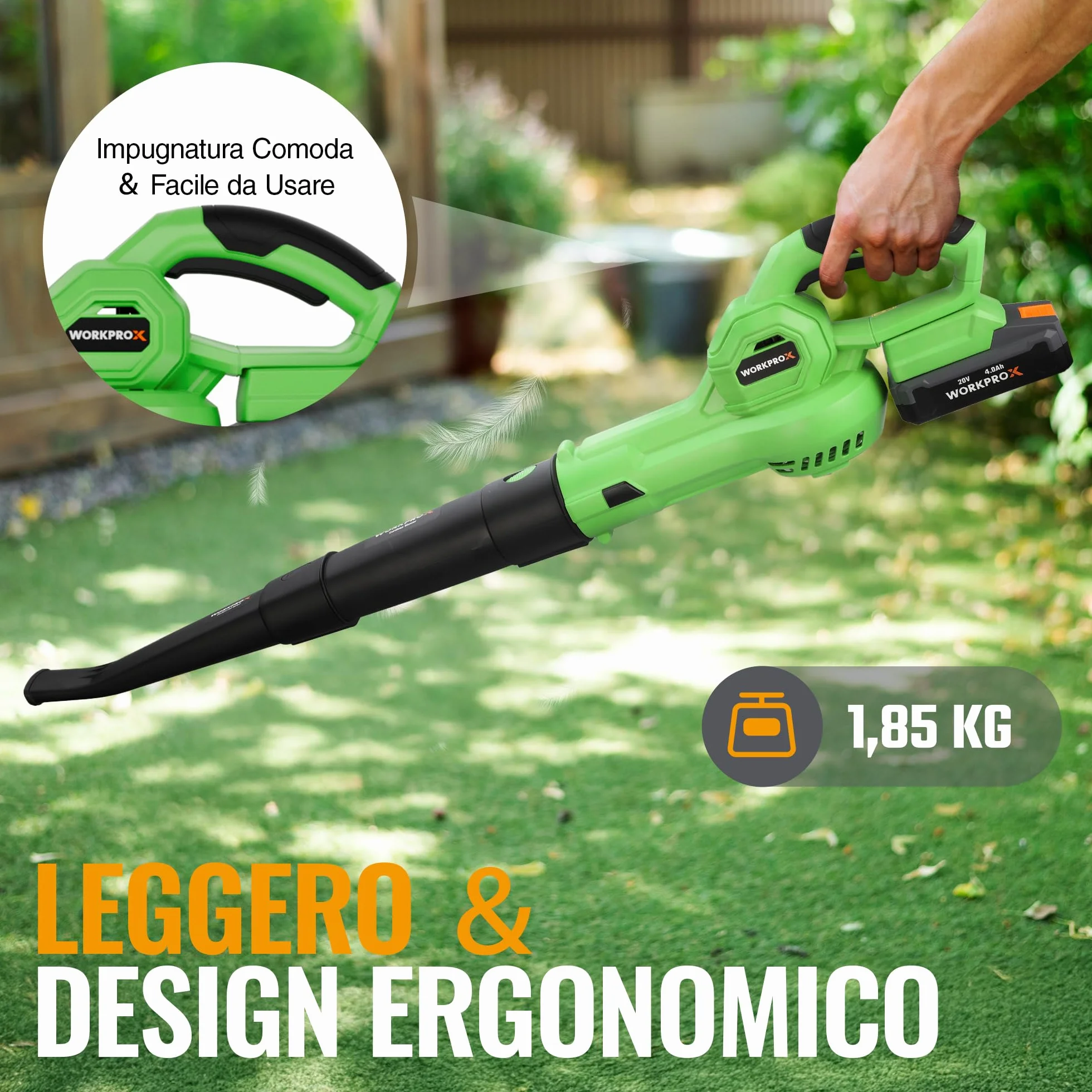 WORKPROX Soffiatore per Foglie 20V con Batteria, Flusso d'Aria Potente 222KM/H, Capacità 290 M³/H, Soffiatore per Giardinaggio
