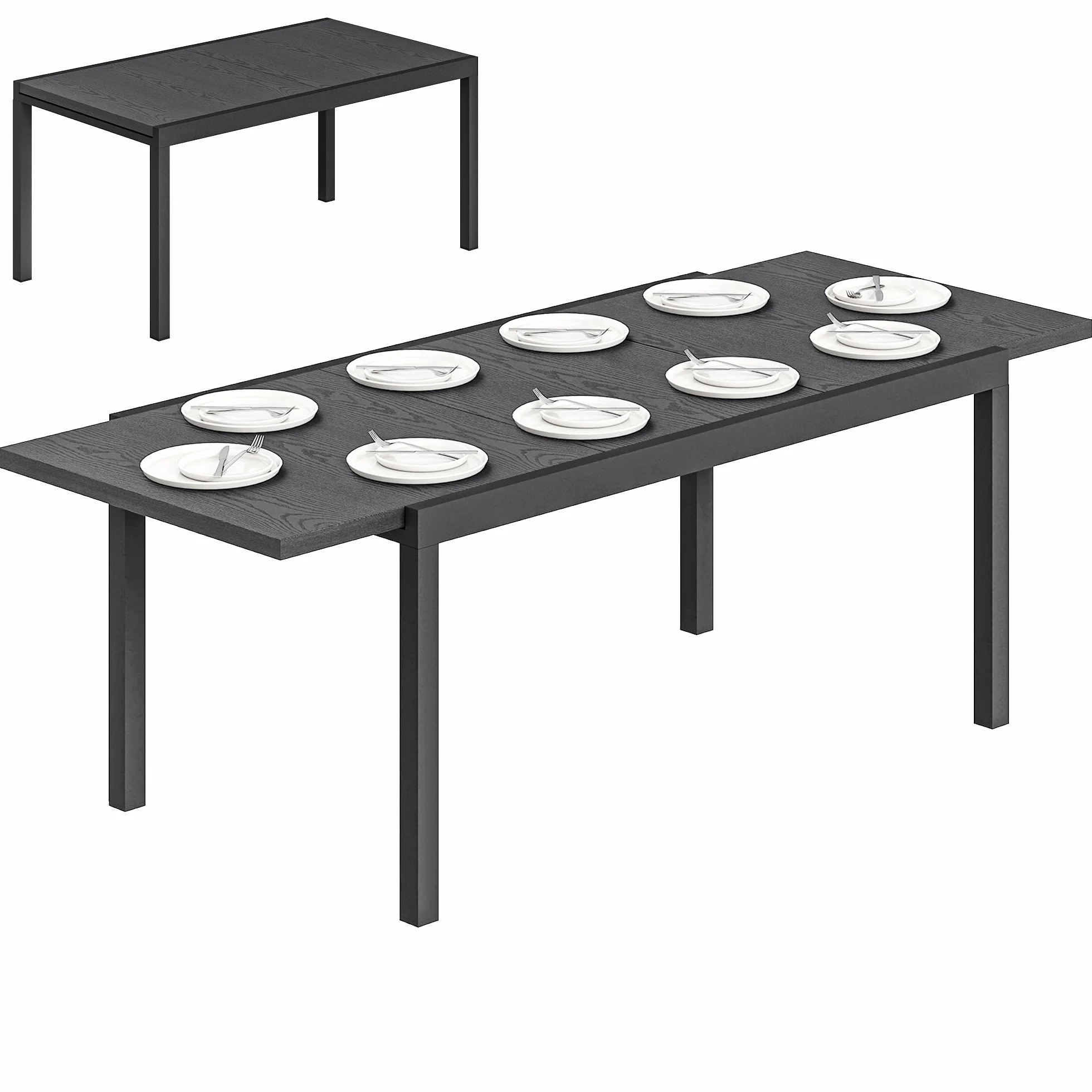 Outsunny Tavolo da giardino allungabile 154-214 cm, piano in alluminio effetto legno, tavolo da pranzo esterno robusto con gambe regolabili, mobili da terrazza 8-10 persone, grigio antracite