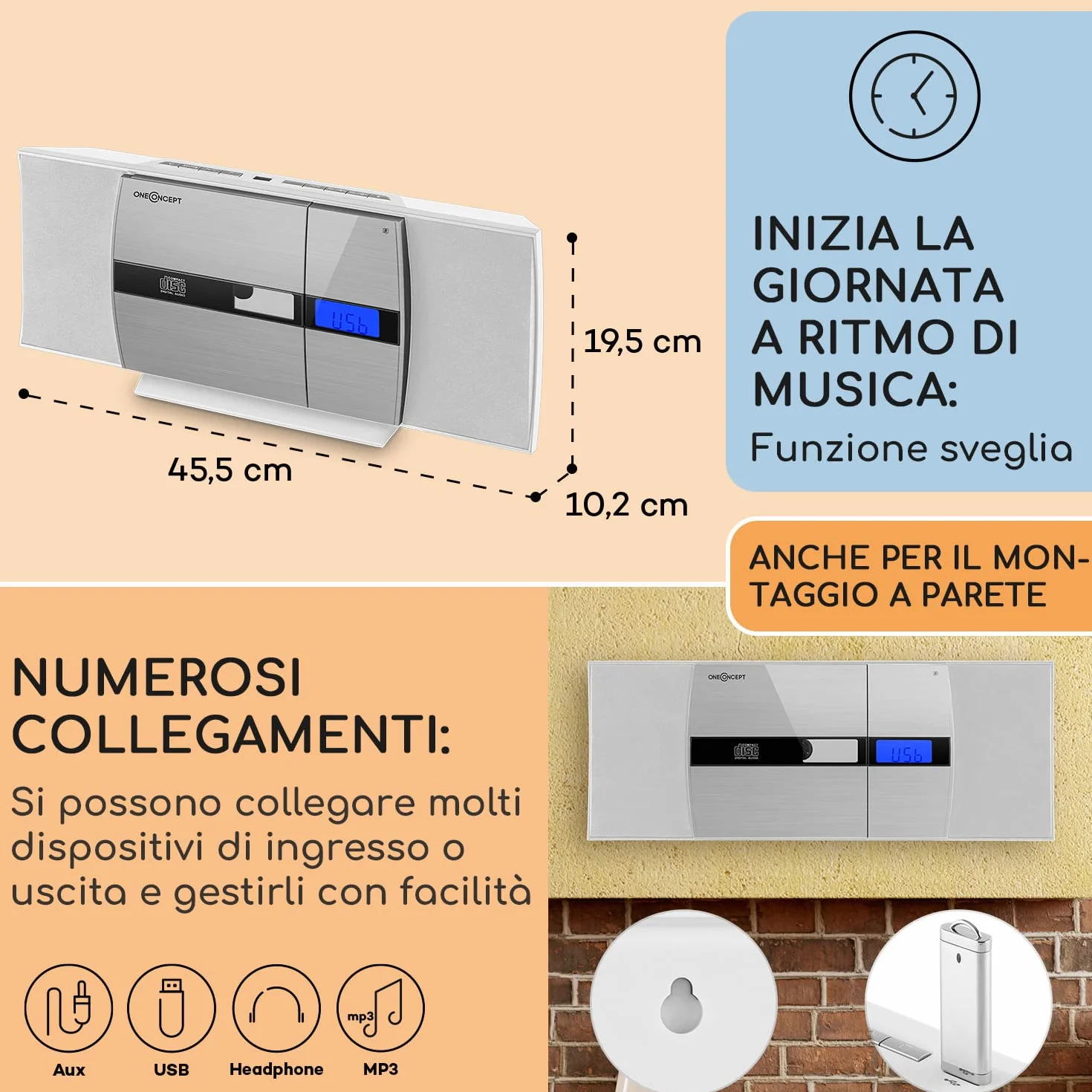 oneConcept Radio Portatile con Lettore CD HiFi, FM Stereo, AUX, 2 Altoparlanti, Display LCD, Telecomando, Sveglia, MP3, SD