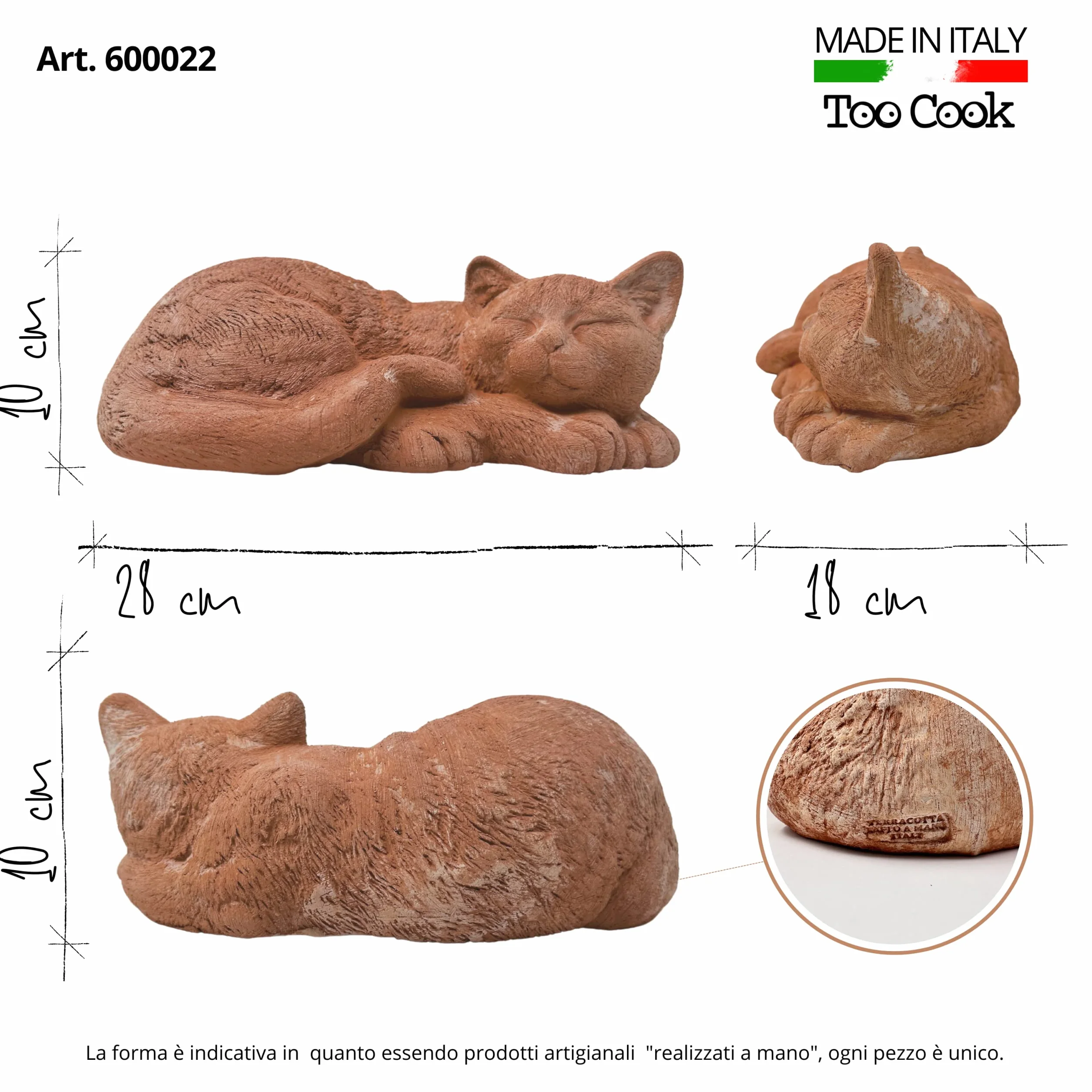 Toocook Gatto in terracotta artigianale per arredo giardino - Decorazione casa - Resistente alle intemperie - Ceramica fatta a mano - Made in Italy (Gatto che dorme)