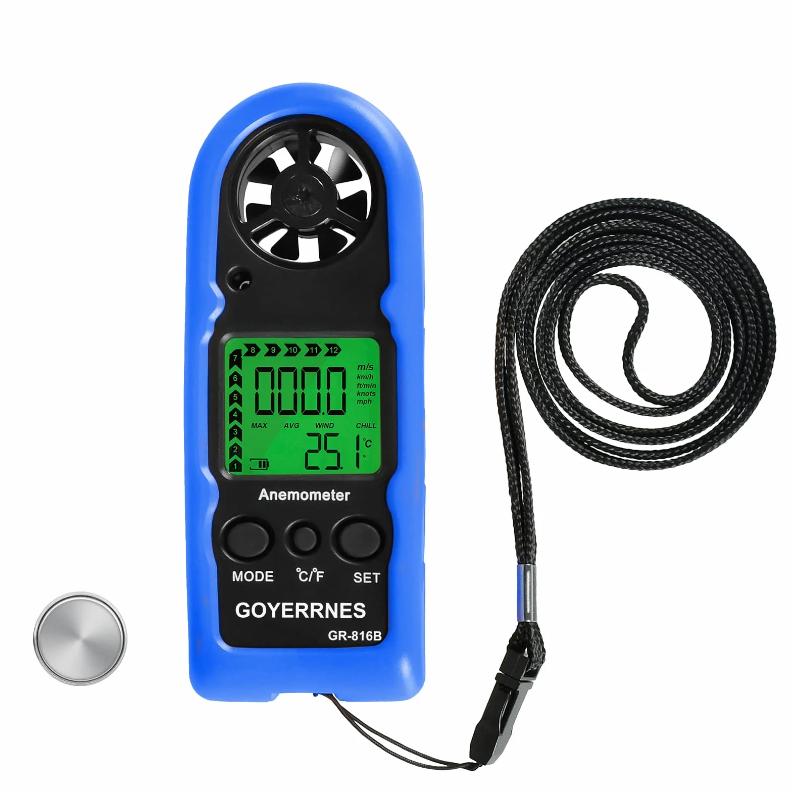 Anemometro Digitale,GR-816B anemometro portatile con velocità del vento 0.3-30m/s,retroilluminazione per misurazione del wind chill,velocità del vento/temperatura(℃/℉)per le riprese Windsurfing Pesca
