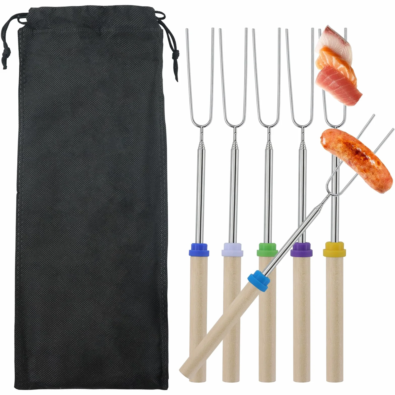 6 forchette da barbecue, bastoncini telescopici per arrostire marshmallow, allungabili, in acciaio inox, a forma di U, con manico in legno, spiedini per barbecue, campeggio, falò, camino, picnic