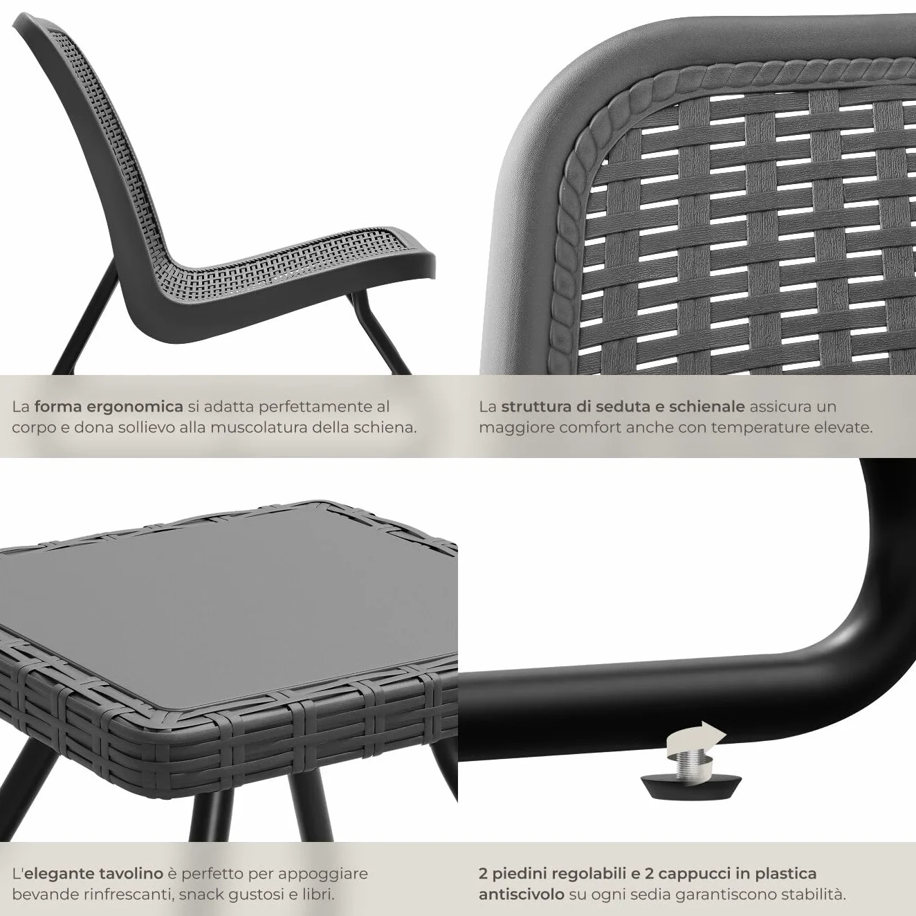 tectake® Salotto da Giardino in Rattan, Salotto da Giardino Esterno con Telaio in Acciaio, 1 Tavolino Salotto, 2 Sedie da Giardino con Schienali Ergonomici e Regolabili in Altezza - Grigio