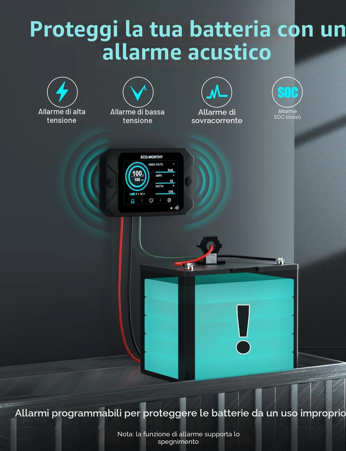 ECO-WORTHY Monitor della batteria 300 A 12V/24V/36V/48V display touchable allarme 9-80V LiFePO4 gel camper impianti solari