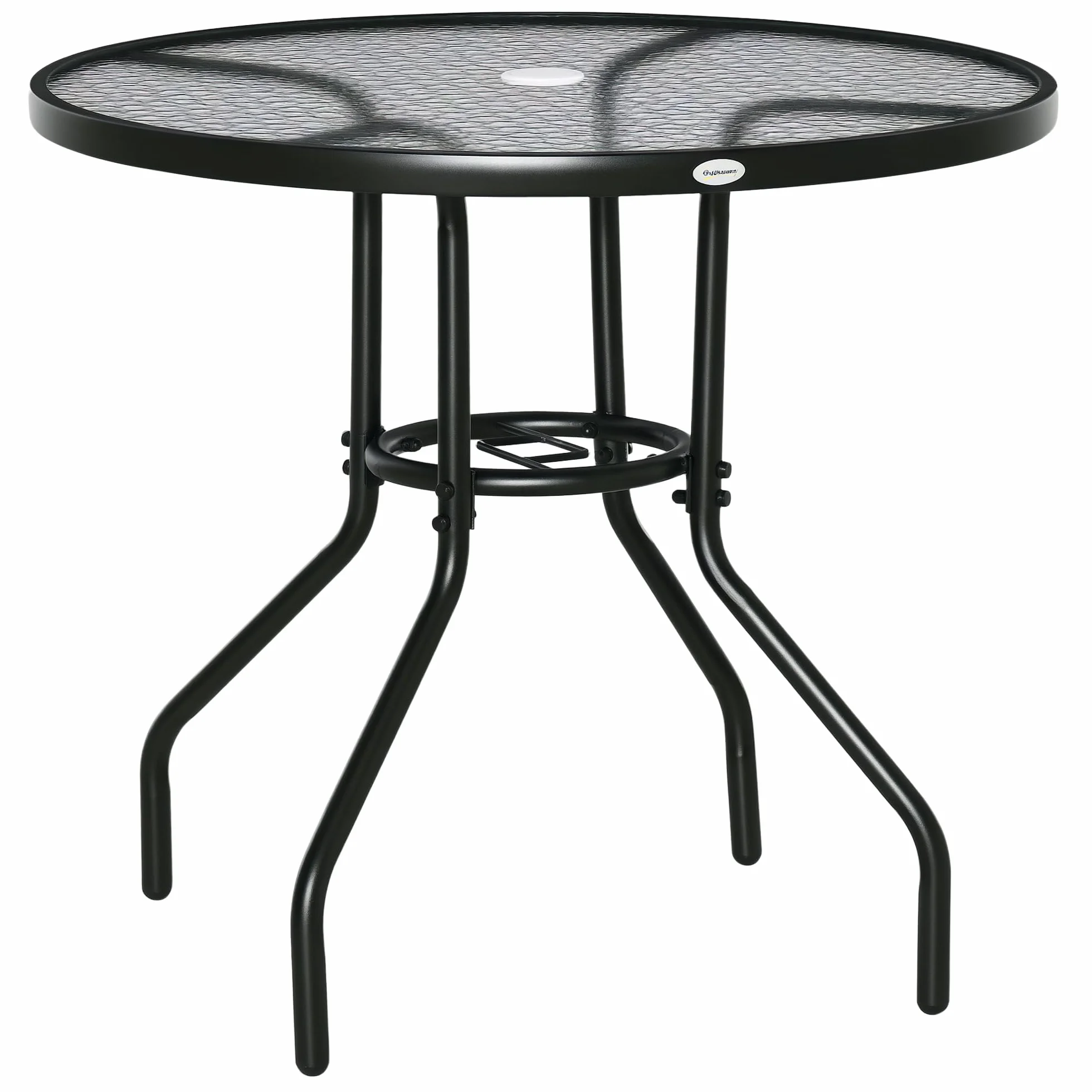 Outsunny Tavolo da Giardino Rotondo 80 cm con Foro per Ombrellone, Tavolino da Caffè Esterno con Piano in Vetro Temperato, Struttura in Metallo per Patio, Terrazzo, Balcone, Nero