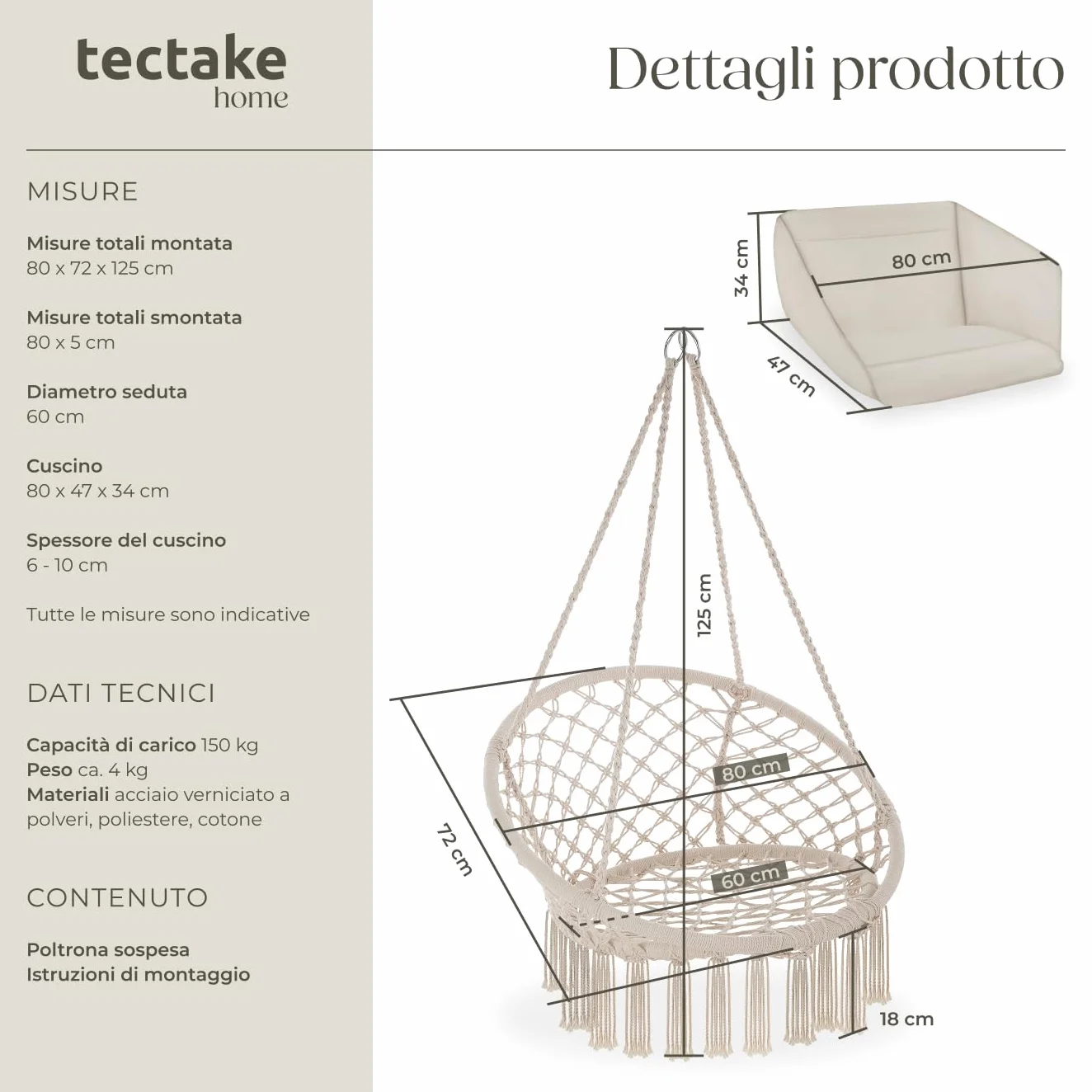 tectake® Poltrona Sospesa, Interno & Esterno, Diametro Seduta 60 cm, Robusta, Grande e Morbidissimo Cuscino, Sedia a Dondolo, Sedia Sospesa da Interno e Terrazzo - Beige